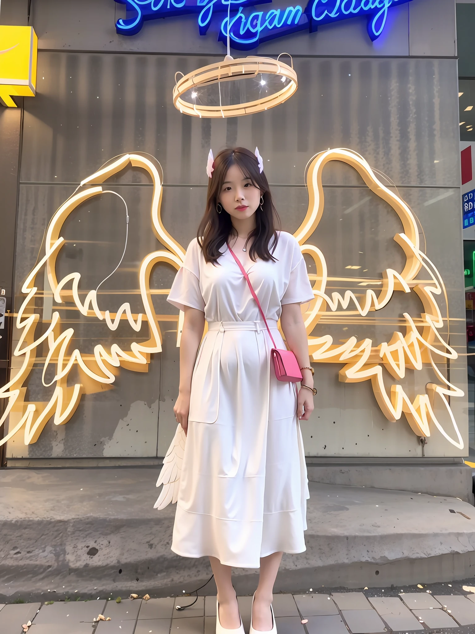 There is a woman standing in front of a neon sign, wearing angel halo, wearing angel, tron angel, big white glowing wings, Girl with angel wings, Wide angel, Angelic, super wide angel, wide angel shot, full - body majestic angel, angelic halo, angelic halo, wearing angel halo covered face, big angel wings wide open, angel girl, glowing angelic being