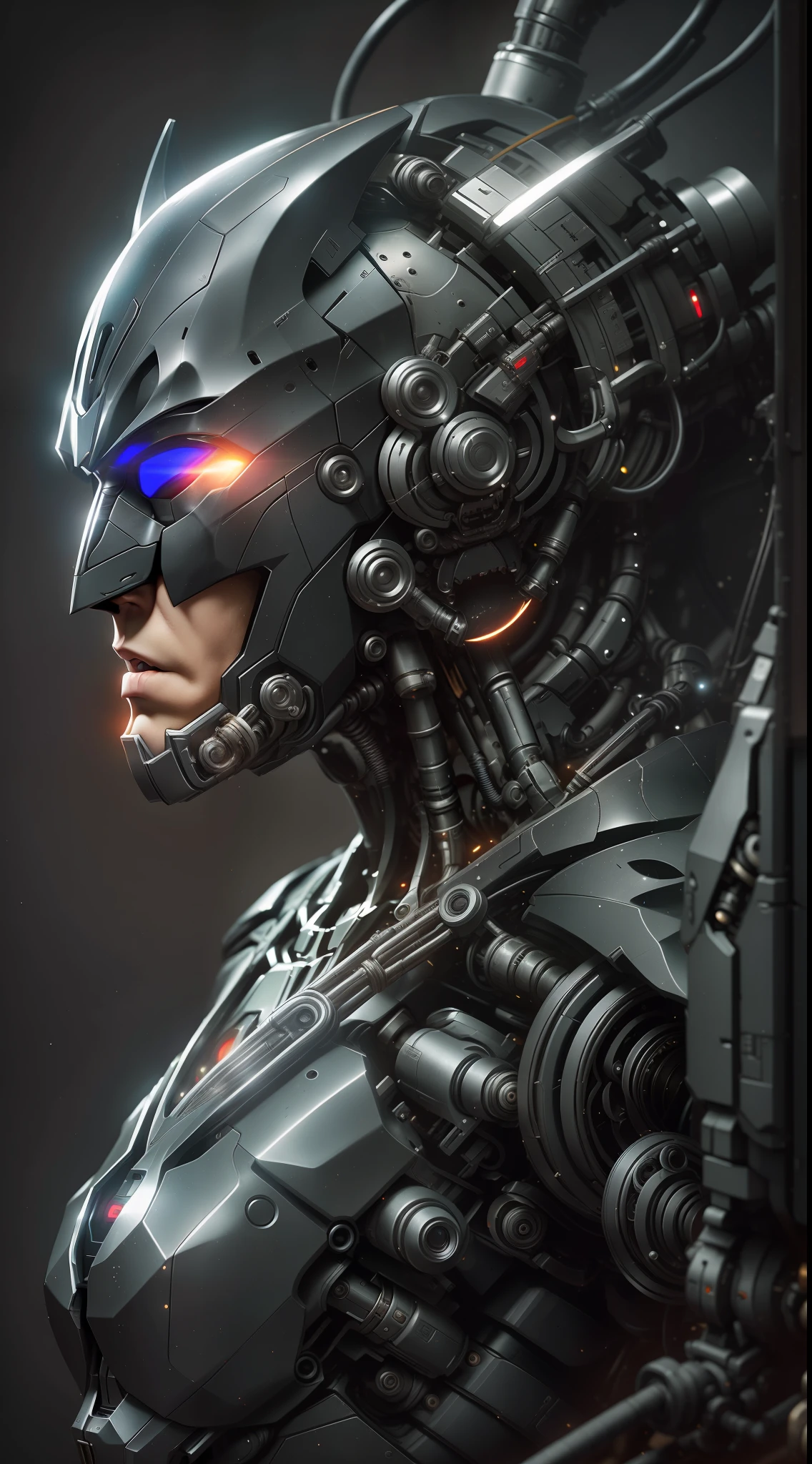 Batman from DC photography, biomechanical, complex robot, full growth, hyper-realistic, insane small details, extremely clean lines, cyberpunk aesthetic, masterpiece featured on Zbrush Central