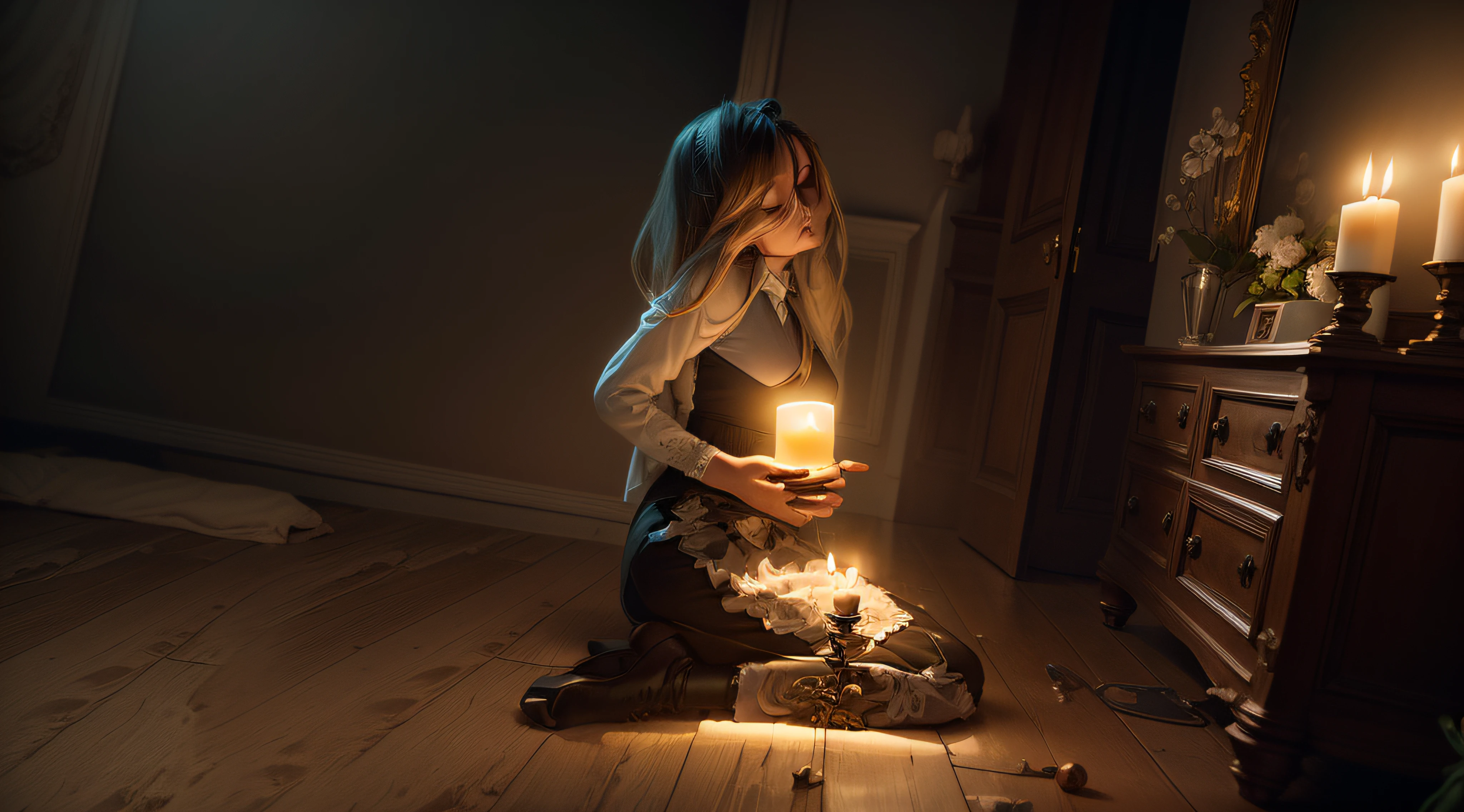 Girl in a mysterious dark room with a candle, Blurred light, beautiful photo, ultra realistic photography, Fiotography in the style of Mario Testino --auto