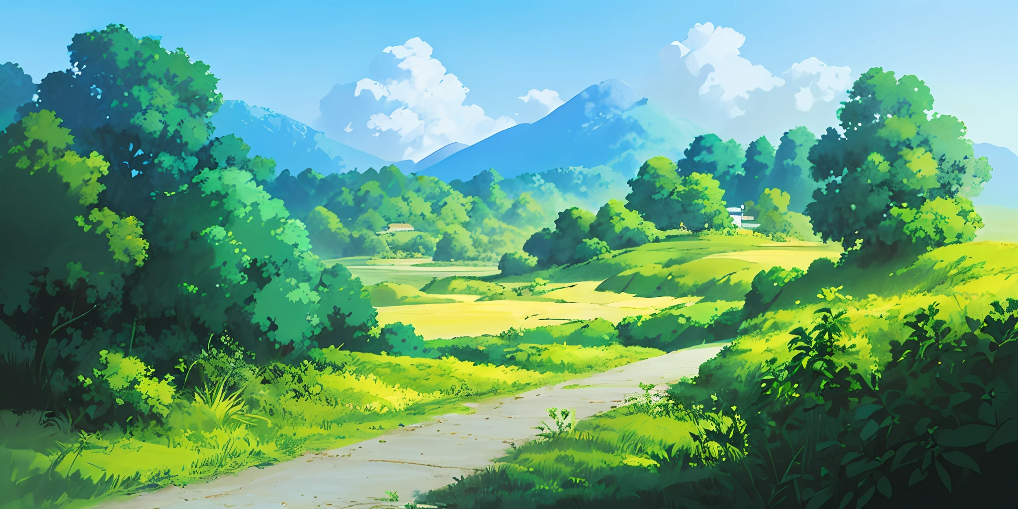 (((best quality)))), an umlaut on a hill with a path leading to it, anime countryside, anime background art, anime scenery, soft studio ghibli concept art, beautiful anime scenery, anime set concept art, studio ghibli concept art, ghibli studio environment, anime landscape, beautiful anime scene, Glibly Makoto Shinkai Studio, Ghibli Studio Landscape, Cottagecore!!