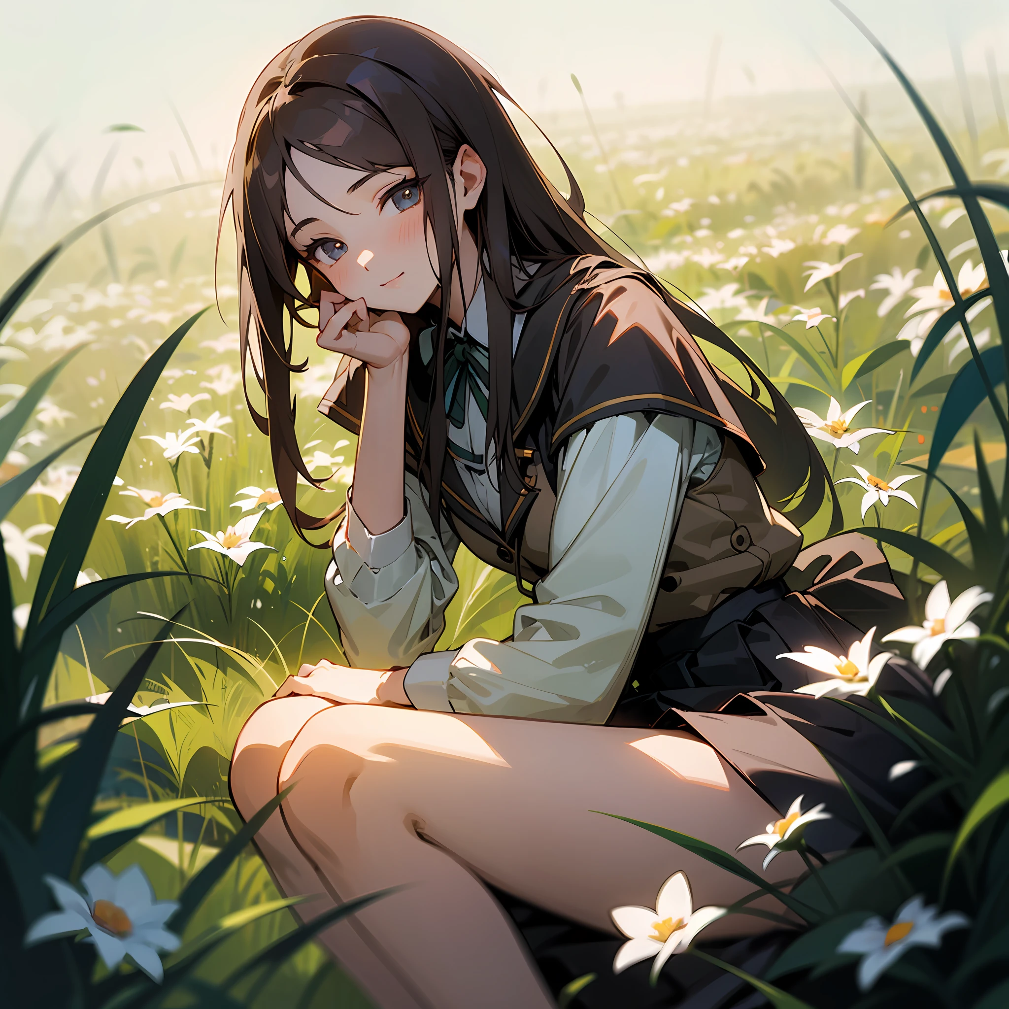 （tmasterpiece，best qualtiy），1 long brunette girl sitting in a field of greenery and flowers，her hand under her chin，warmly lit，JK skirt，Blurred foreground --auto