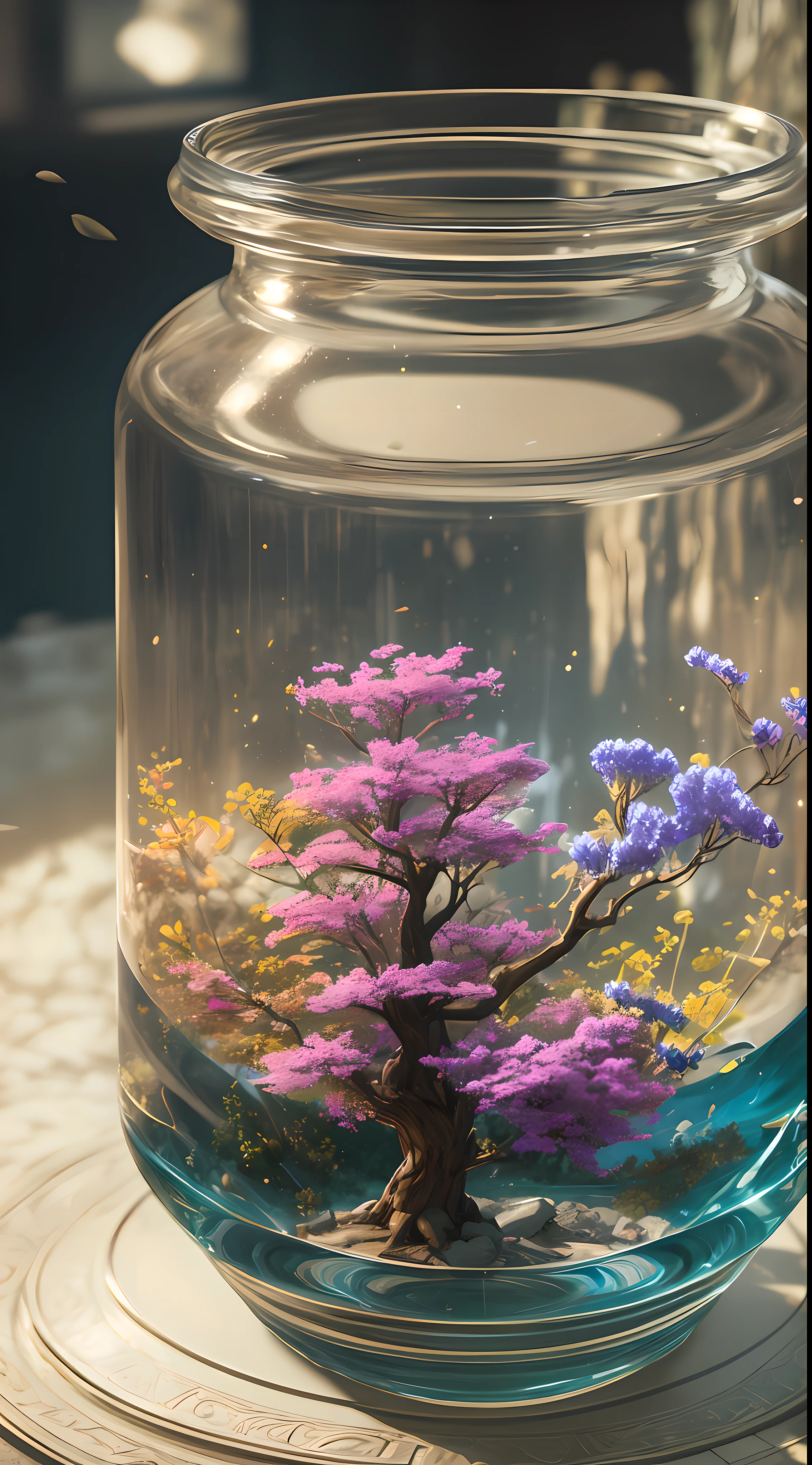 A dreamy art tree in a bottle, fluffy, realistic, photographic, classic, dreamy, artistic, splendid leaves and branches with flowers above its head. Greg Rutkowski's Ultra Detailed Photo Realism - H1024W 804 | F16 Lens Markers 2:2 S 35555 mm Film Particles: 1 Realistic High Resolution Sharp Focus Contrast! Unreal Engine 5's cinematic concept The intricate and detailed atmospheric refractive lighting in Octane, a cinematographic masterpiece, presents the trend of CGSociety