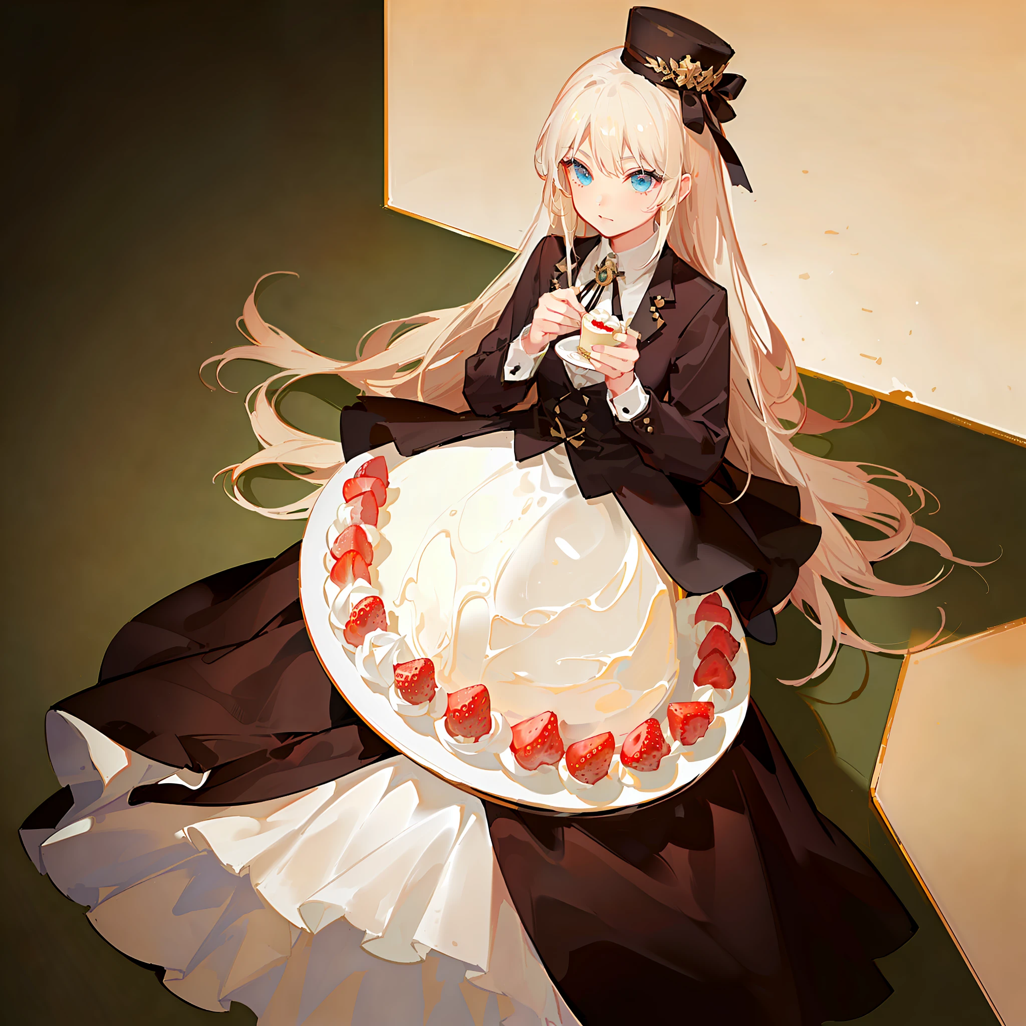 White dress made of cake,Gorgeous costumes,Blonde girl,Has jewel-like blue eyes,The sun shines from above,There is reflected light around,There are colorful lights all around,Dark background,Richly decorated maiden,There are a lot of cake elements,The skirt is made of cake,There is a lot of cream on the skirt,The girl wears a cake-shaped hat on her head,On the hat is a small cherry and a circle of strawberries,The skirt is also in the shape of a cake,It has a lot of cream and strawberries on top,The girl's hair is pink and gold gradient