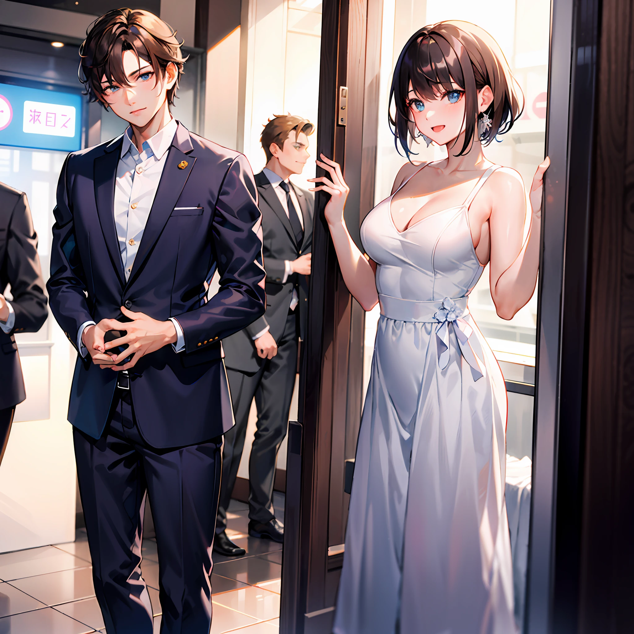 (Morning),two guys,a young man and a woman,Kizi, white dresses:1.2),Impeccable,prette,Excellent figure,(Pulling a young man in a suit:1.3)独奏, looking at viewert,(夏天,Cowboy shooting,(downtown area),Cowboy shooting,(brunette color hair:1.3),
