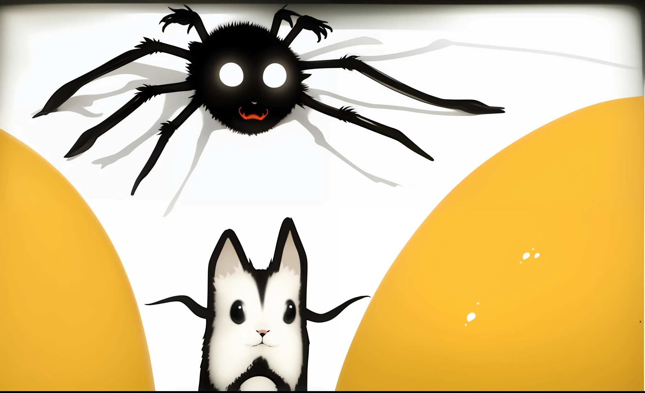 Above the picture is a black spider,Below is a small white rabbit。Yellow is the agar block,The background has a faint gray haze。