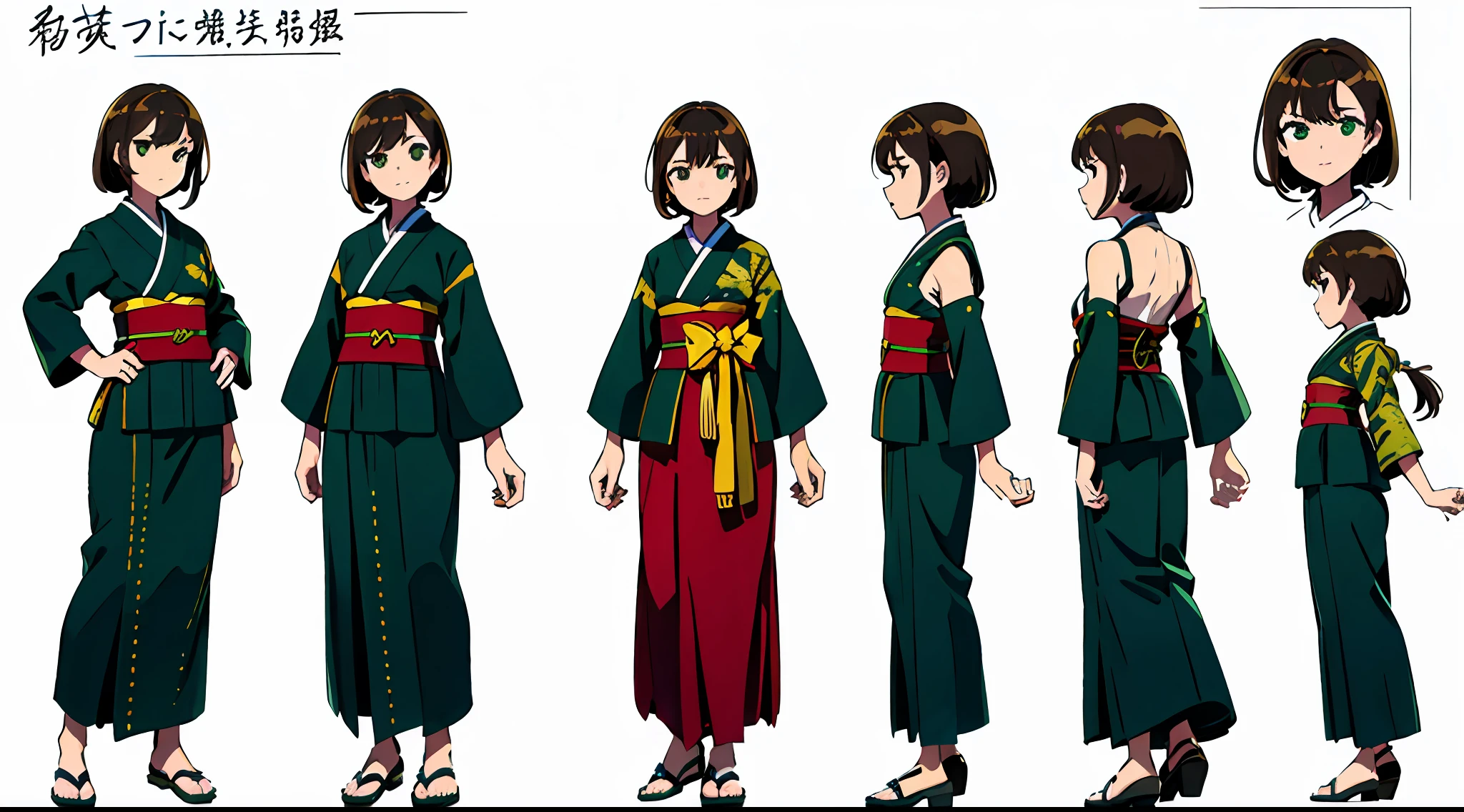 (masterpiece), best quality, (character design sheet, same character, full body, side, back), illustration, (beautiful detailed design character), 1 girl, solo, perfect feminine face, very charming women, pose zitai, chesnut brown hair, left sided bangs, shoulders length hair, green eyes, traditional hakama samurai kimono, (simple background, white background: 1.3)