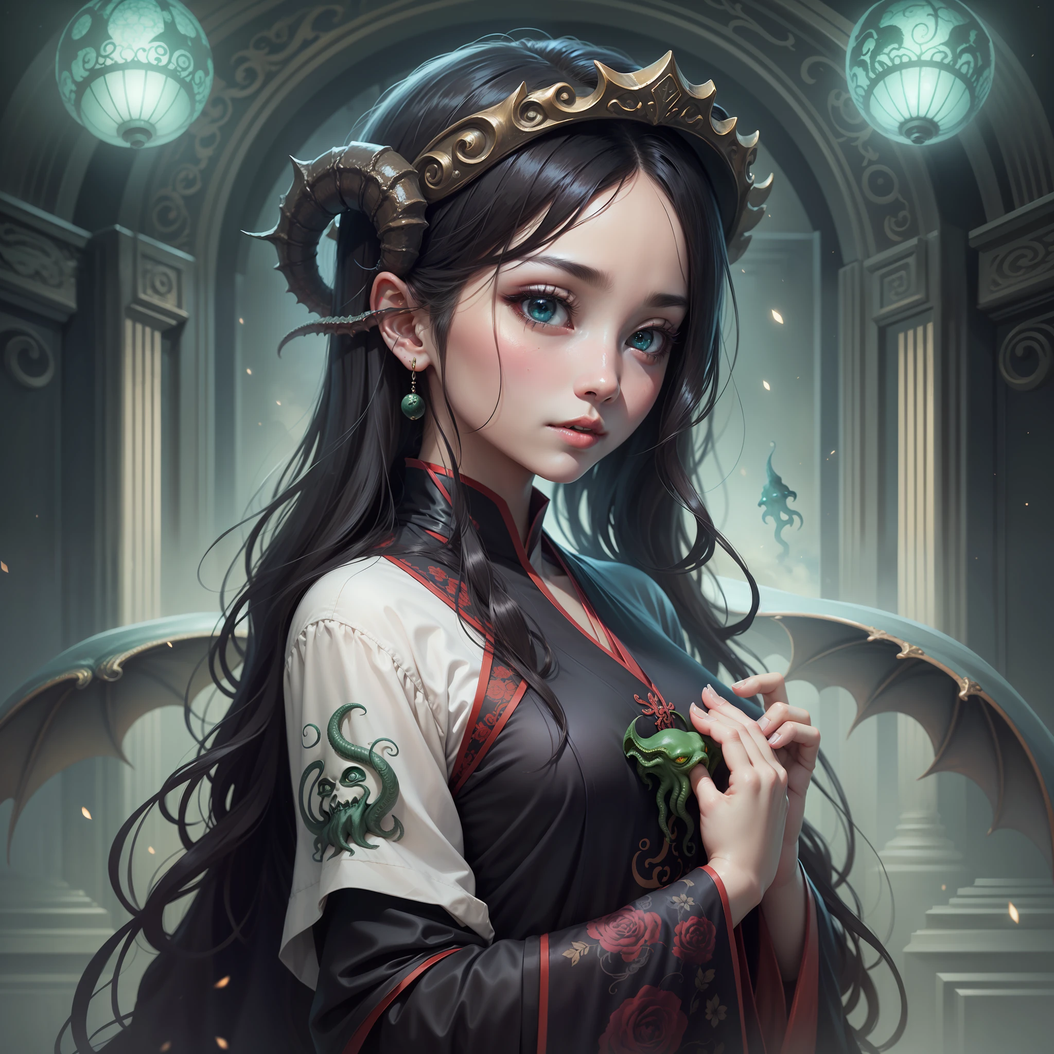 Cthulhu style，Very beautiful girl，Long black hair，The eyes are bright like a starry sky，Dressed in very beautiful Hanfu，The girl's facial features are delicate，It has an extraordinary temperament。The background behind the girl is a Cthulhu-style building，The sky above the building is dark and deep