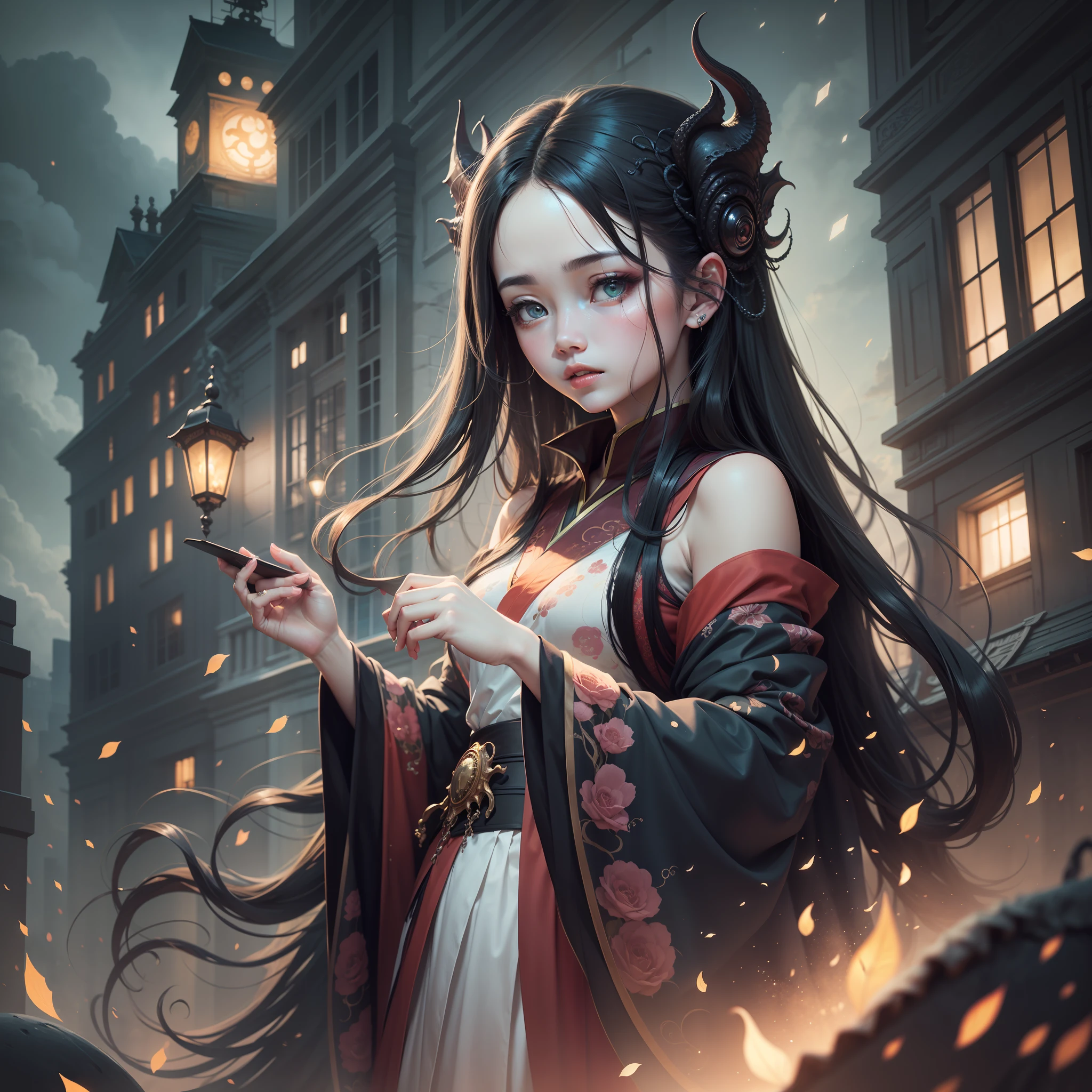 Cthulhu style，Very beautiful girl，Long black hair，The eyes are bright like a starry sky，Dressed in very beautiful Hanfu，The girl's facial features are delicate，It has an extraordinary temperament。The background behind the girl is a Cthulhu-style building，The sky above the building is dark and deep