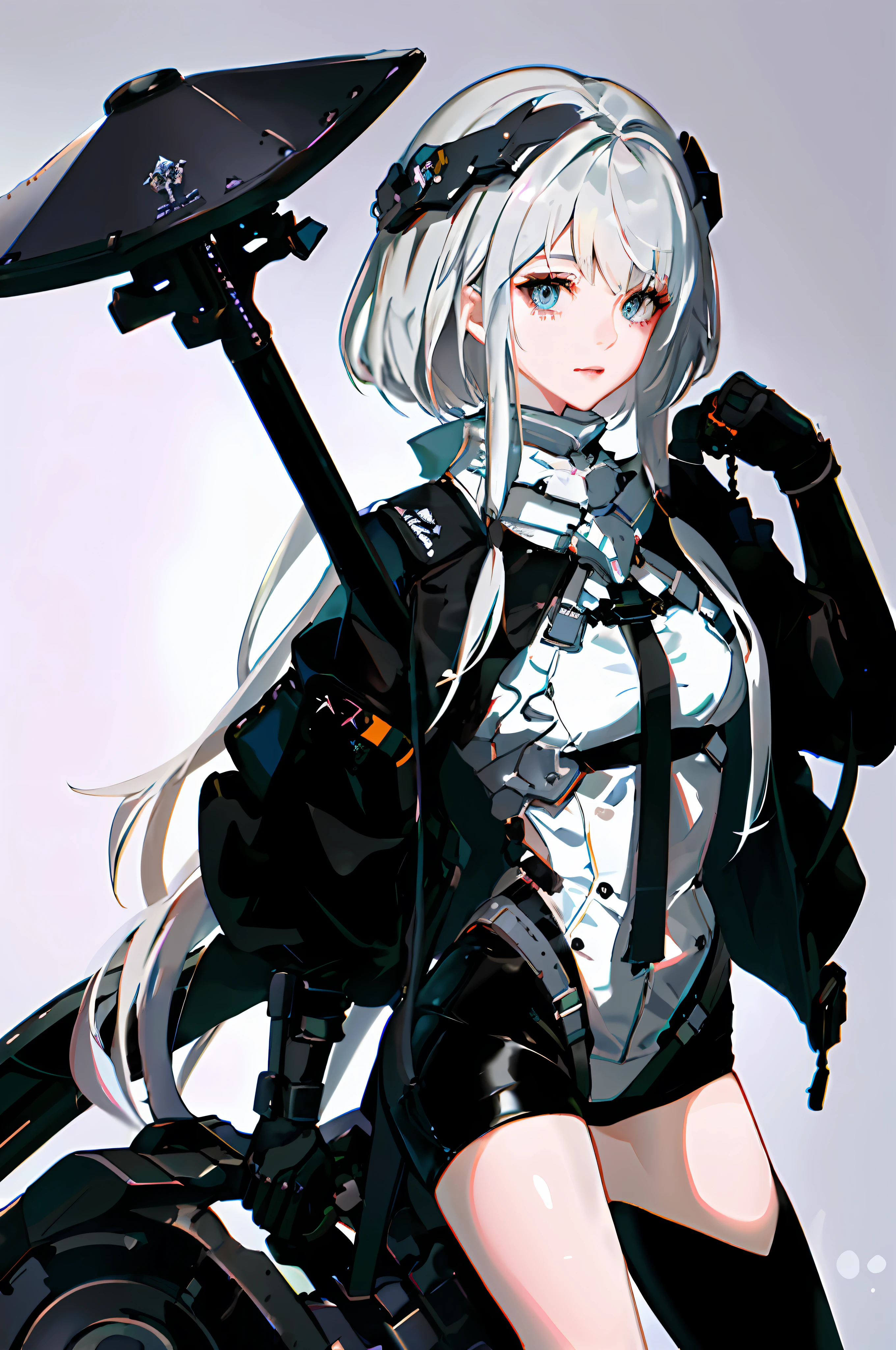 tmasterpiece，Best light and shadow，intricately details，1girll，独奏，whaite hair，long whitr hair，Armour，Exposing thighs，Machinary，solid color backdrop，grey wall，earnestly，looking at viewert，submachine gun