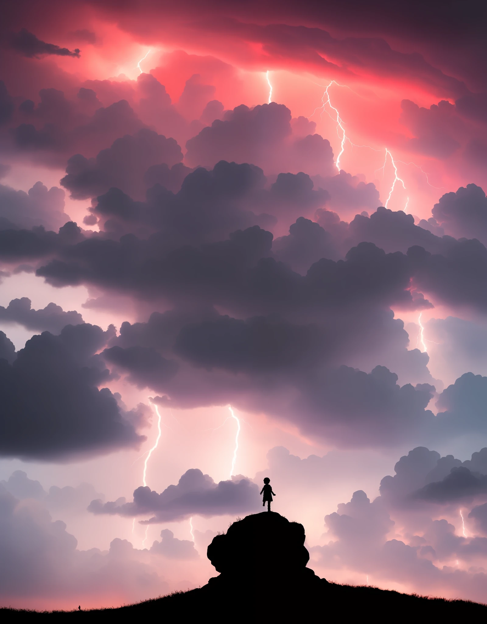 (masterpiece, best quaality), Drak clouds, Young boy floating in the clouds, focus light at the center, silhouette of a boy, Hopeful, Lots of clouds, Wyverns flying in the sky, Lightning strikes and fire across the sky, Gray and purple and red color scheme