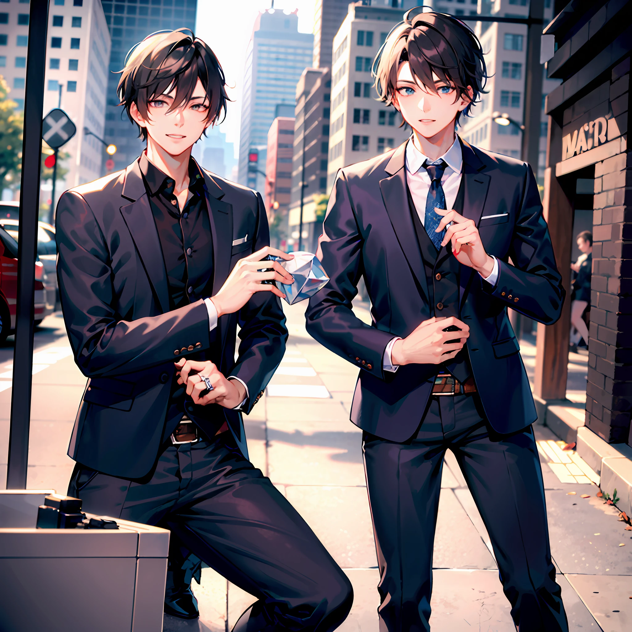 (Morning),（ 1boys：1.1）, （Young men：1.2），Handsome，Wear a black jacket，on one knee，diamond ring，propose，Diamond ring in hand，（独奏）, looking at viewert，Cowboy shooting，(downtown area)，Cowboy shooting，（brunette color hair：1.2）