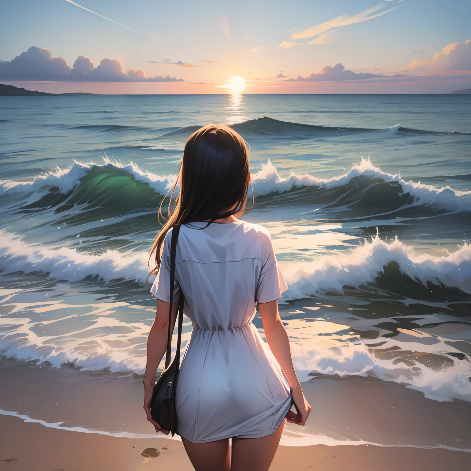 Long blue-haired girl standing on water,The color of the sky and the color of the water are almost the same with the face facing the camera,Blue pupil,wearing a swimming wear,Place your hands on your chest --auto