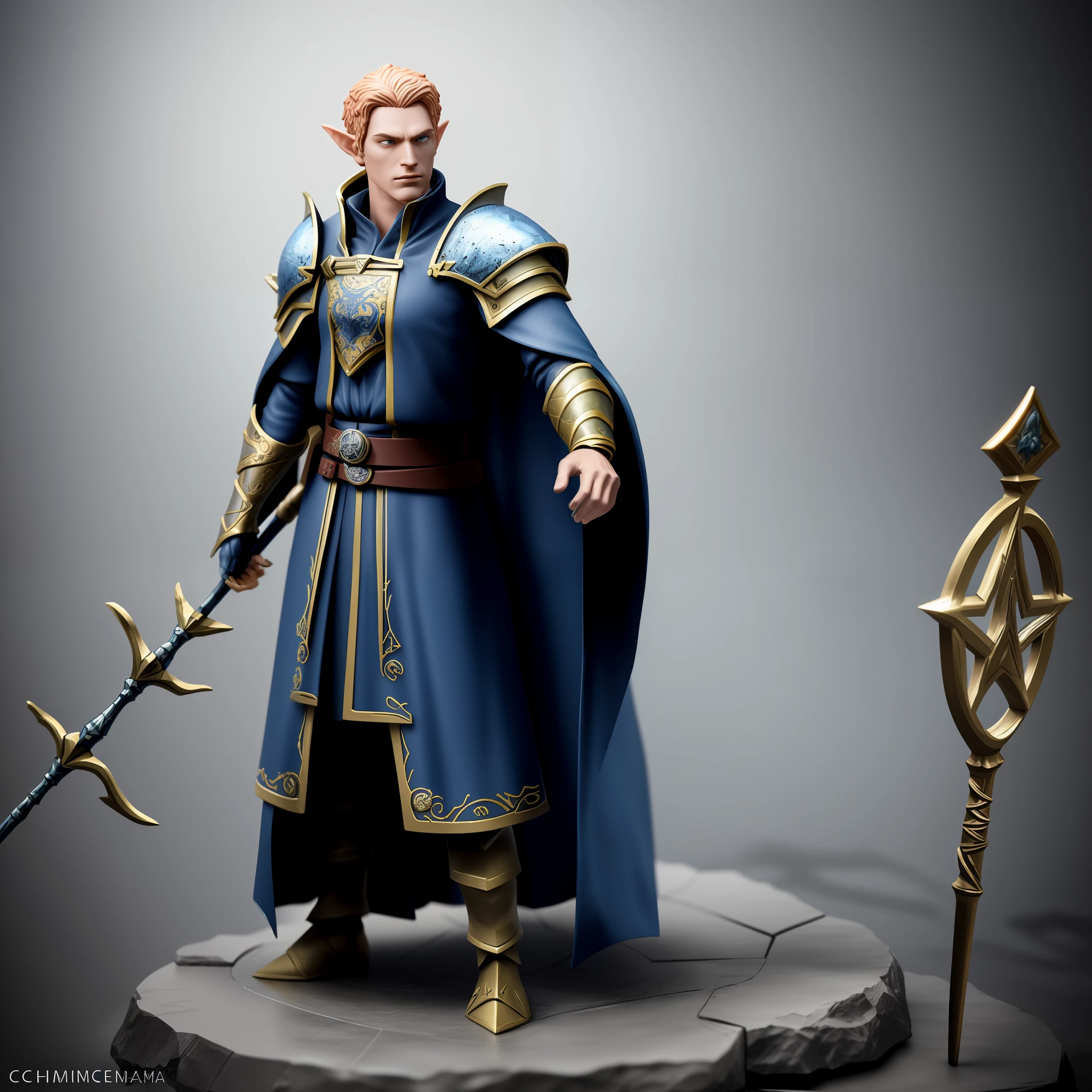 dnd art, fantasy art, blind box figurine, elf, male wizard, (Masterpiece 1.5, intense details), blue robes, magic staff with runes, uoltra detail figurine, role playing game model set background, pvc figurine, 7 0 mm.(Masterpiece 1.5, intense details) dramatic lighting, captured on canon eos r 6, full portrait of magical knight ultra details background, best quality (Masterpiece 1.5, intense details), 3D rendering, highres, 1080P, 8k, dynmic light, anatomically correct