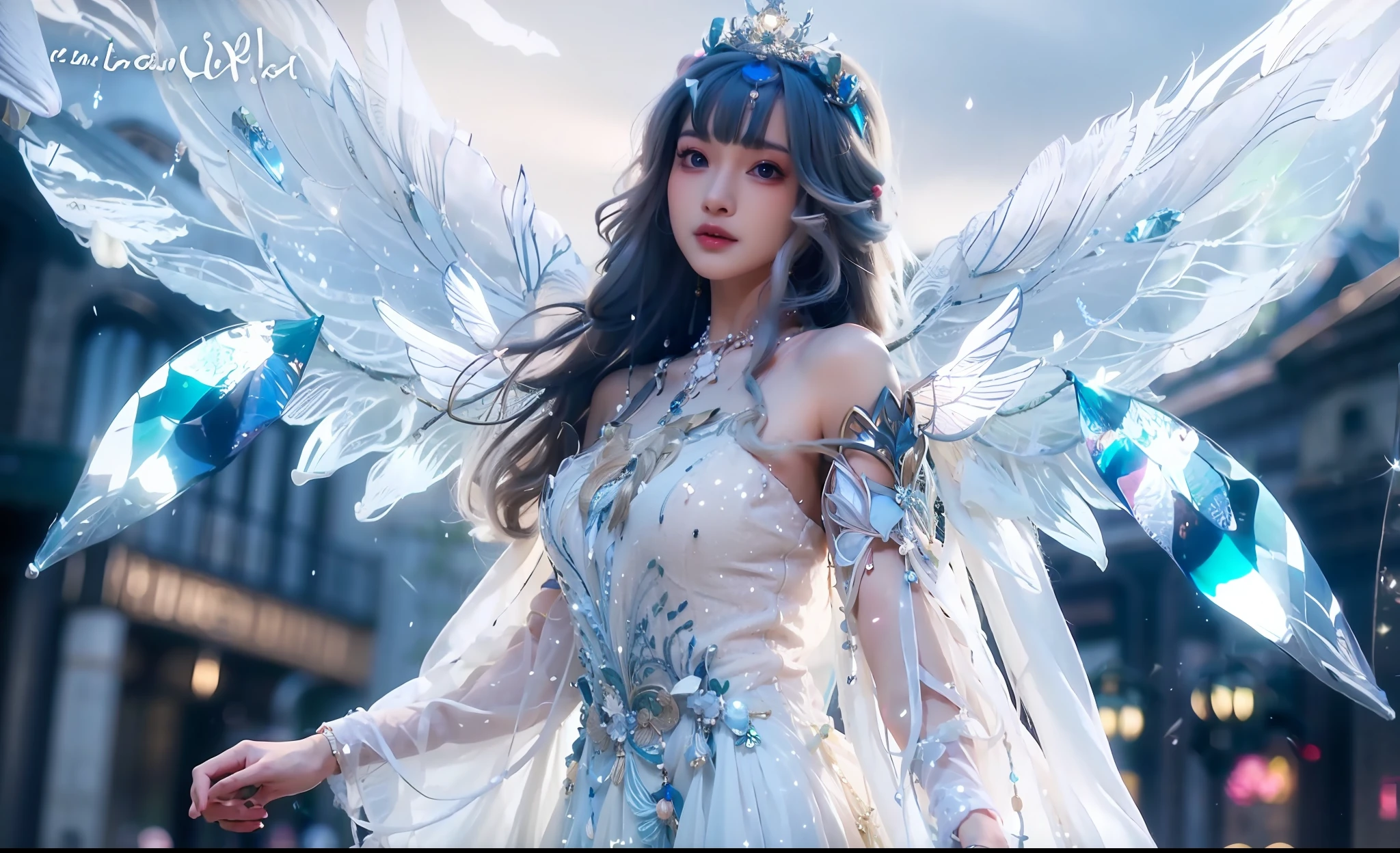 anime girl in a white dress with wings and blue crystals, ethereal wings, full - body majestic angel, beautiful fantasy anime, ethereal fantasy, beautiful angel, a beautiful fantasy empress, of beautiful angel, fantasy art style, astral fairy, big white glowing wings, of an beautiful angel girl, anime goddess, young wan angel, angel knight girl, ((a beautiful fantasy empress))