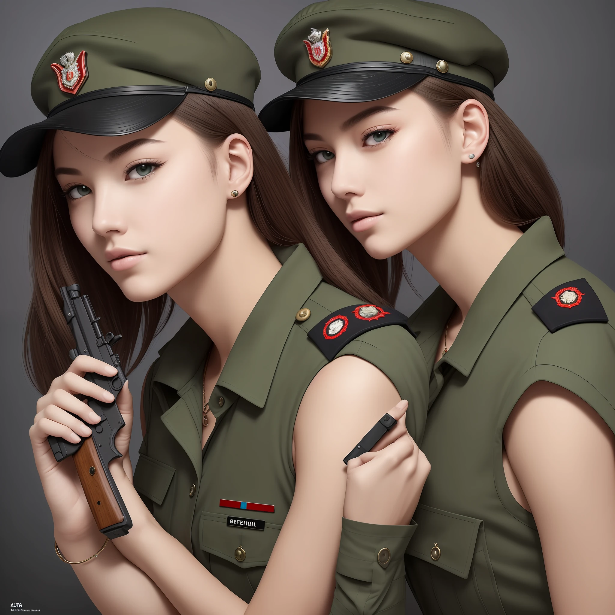 tmasterpiece，Draw the entire body in the frame，Beautiful woman in her 20s，Green military uniform，The military cap has a red heart emblem，Holding a rifle in both hands，Eyes fixed on the front，face with blood stains，with short black hair，By bangs，There is a tank in the background，Black colored eyes，central image，octagon，8K分辨率， The human hand，Lateral face，Shoot in real natural light，Beautiful hairstyle，Beautiful teen face，Anatomically correct painting --auto