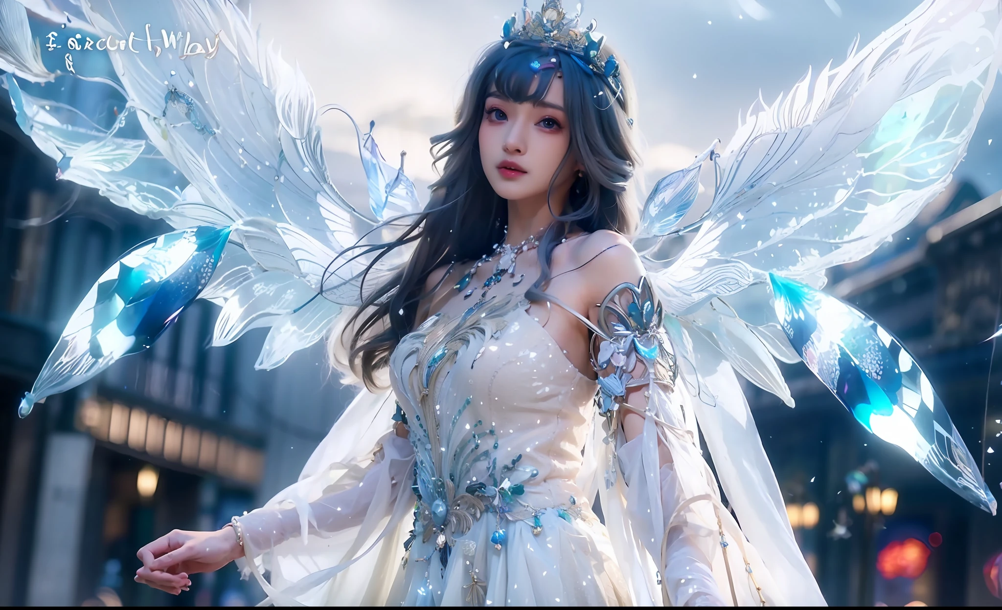 anime girl in a white dress with wings and blue crystals, ethereal wings, full - body majestic angel, beautiful fantasy anime, ethereal fantasy, beautiful angel, a beautiful fantasy empress, of beautiful angel, fantasy art style, astral fairy, big white glowing wings, of an beautiful angel girl, anime goddess, young wan angel, angel knight girl, ((a beautiful fantasy empress))