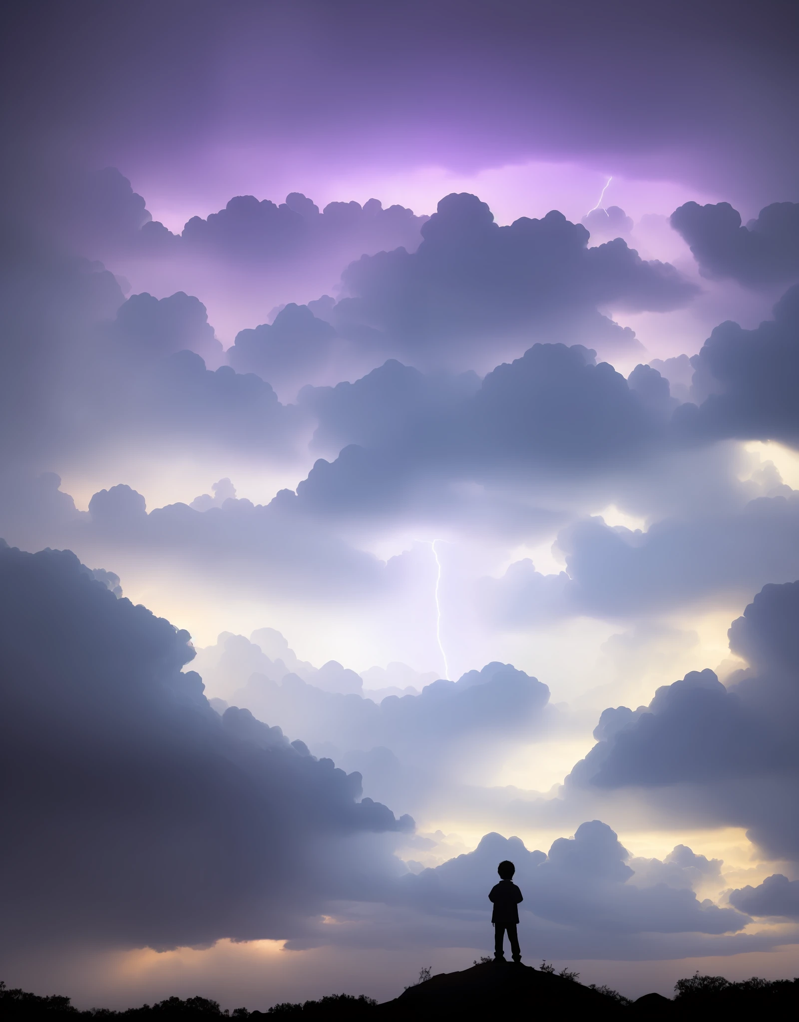 (masterpiece, best quaality), Drak clouds, Young boy floating in the clouds, focus light at the center, silhouette of a boy, Hopeful, Lots of clouds, Dragon Silhouettes flying in the sky, Lightning strikes and Burst of lights across the sky, Gray and purple and Yellow color scheme