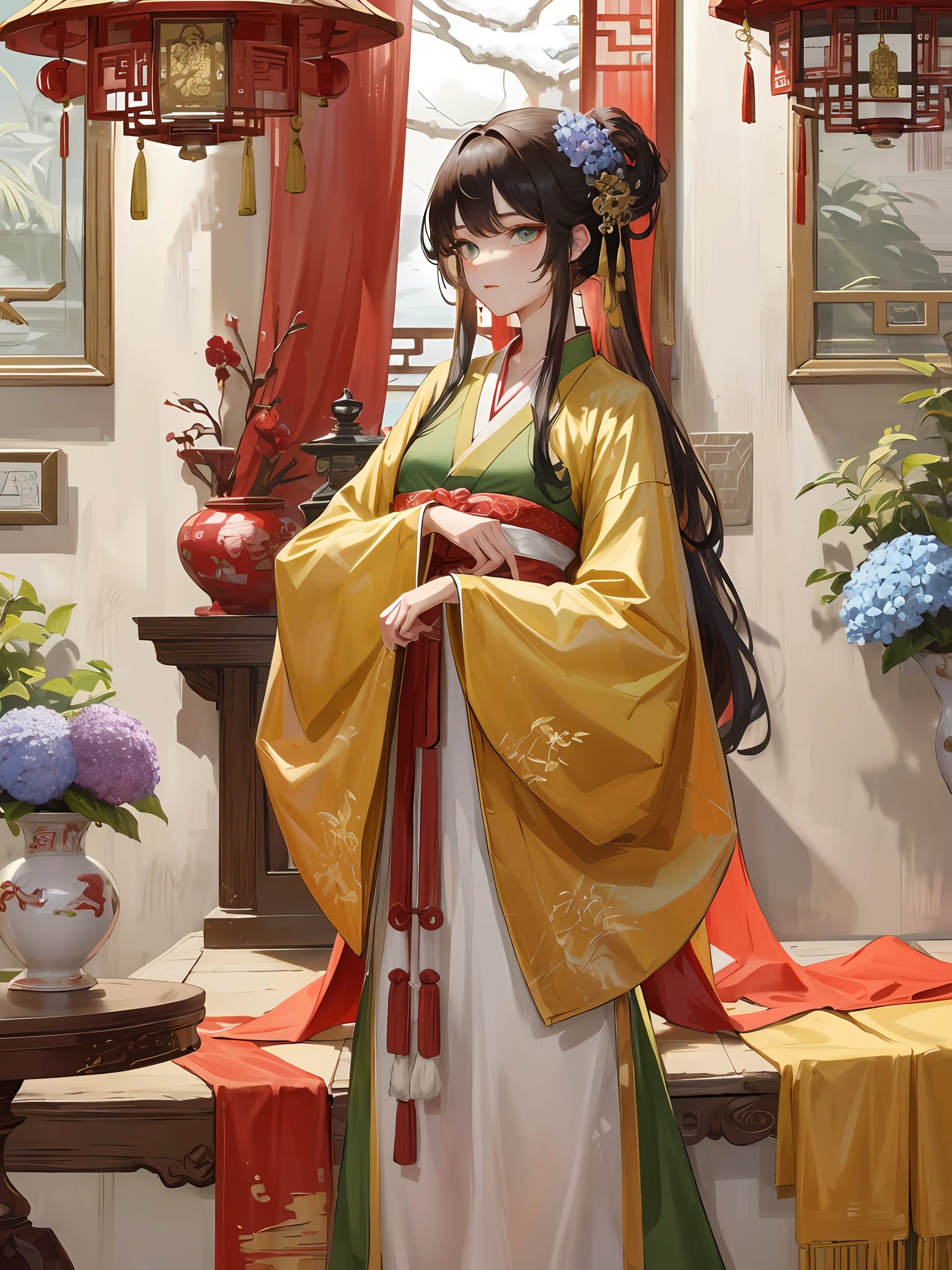 Steady、information、mid hair、Green eyes、Hairpins、hydrangea、detail in face，Extreme light and shadow，Master made，k hd，Ancient wind，China-style，The face emphasizes a clear face，Epic composition，8k wallpaper，super detailing，Tunic tunic Tang costume,,Hanfu,The bamboo is beautiful,,Absolutely beautiful,Absolutely beautiful,Red dress，flower  sea，Chinese wood structure，Antique bedroom，Antique vase，Wooden structure，Brilliant eyes，antique furnitures，Chinese-style windows，Red wedding dress，exteriors，The tree，snowflower