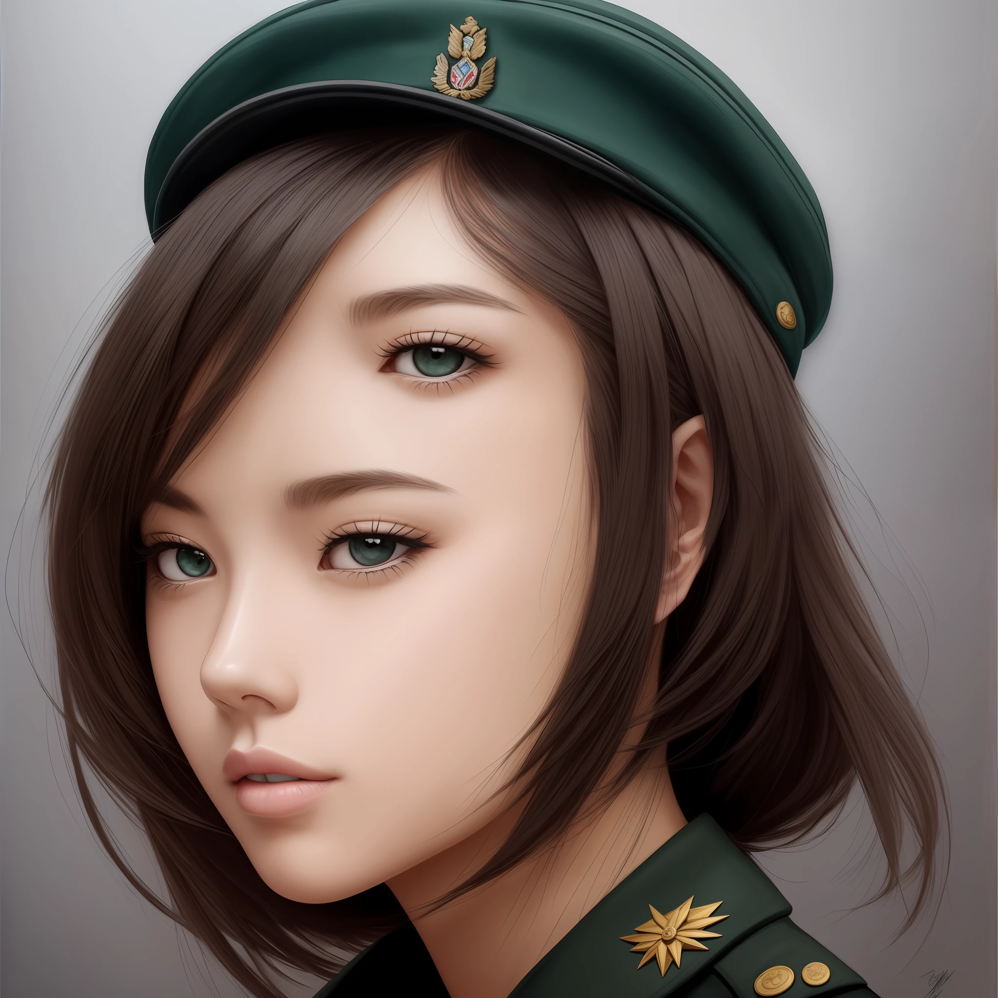 tmasterpiece，Draw the entire body in the frame，Beautiful woman in her 20s，Green military uniform，The military cap has a red heart emblem，Holding a rifle in both hands，Eyes fixed on the front，face with blood stains，with short black hair，By bangs，There is a tank in the background，Black colored eyes，central image，octagon，8K分辨率， The human hand，Lateral face，Shoot in real natural light，Beautiful hairstyle，Beautiful teen face，Anatomically correct painting --auto