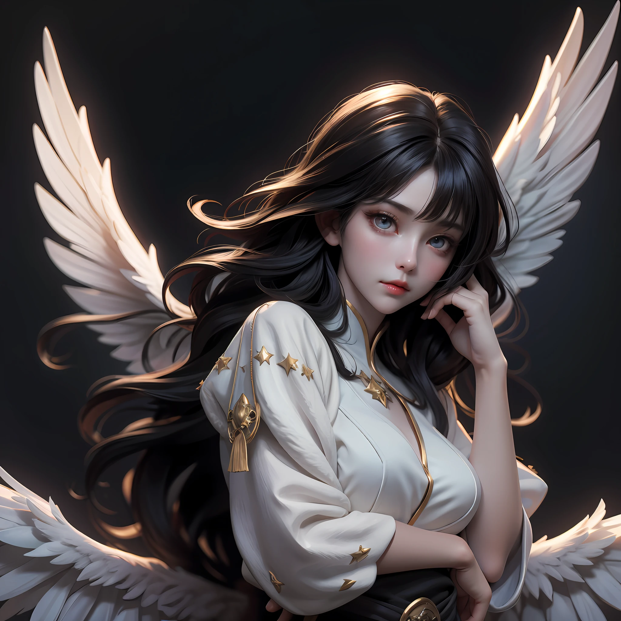 of an beautiful angel girl，（best qualtiy，8K，tmasterpiece:1.3），Goose egg face，largeeyes，long eyelasher，With bangs，Cool handsome，Domineering，Exquisite（live-action realistic style），Ultimate face，Photorealistic light and shadow，Star-like eyes，She wears long loose black hair and reaches her waist，（hair flowing）， smoothness， The art of John Collier and Albert Obright and Krenz Kusart and Artem Demura，Huge wings，White wings，（Super detail）， A half body，snowfield