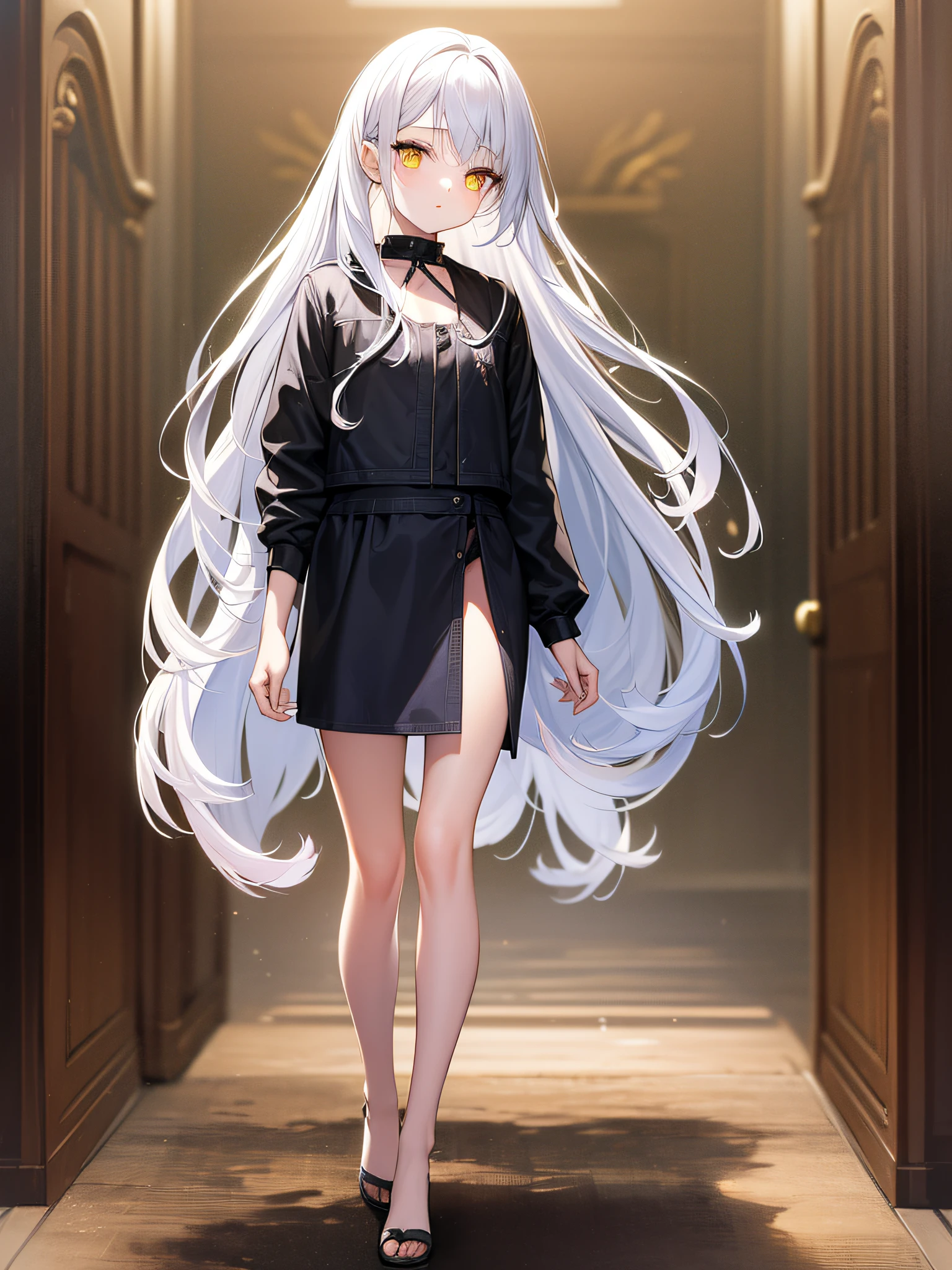 10-year-old girl,long white hair,Yellow eyes,Bare legged