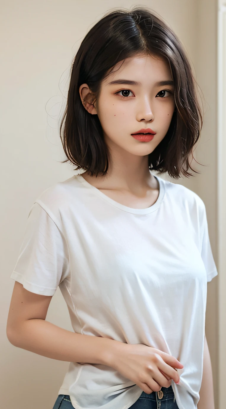 20 years old woman, short-hair, Calm tone, subdued colors, (Natural skin texture, hyperrealism, Soft light, edgy), a white T-shirt, JINS, Dressing room