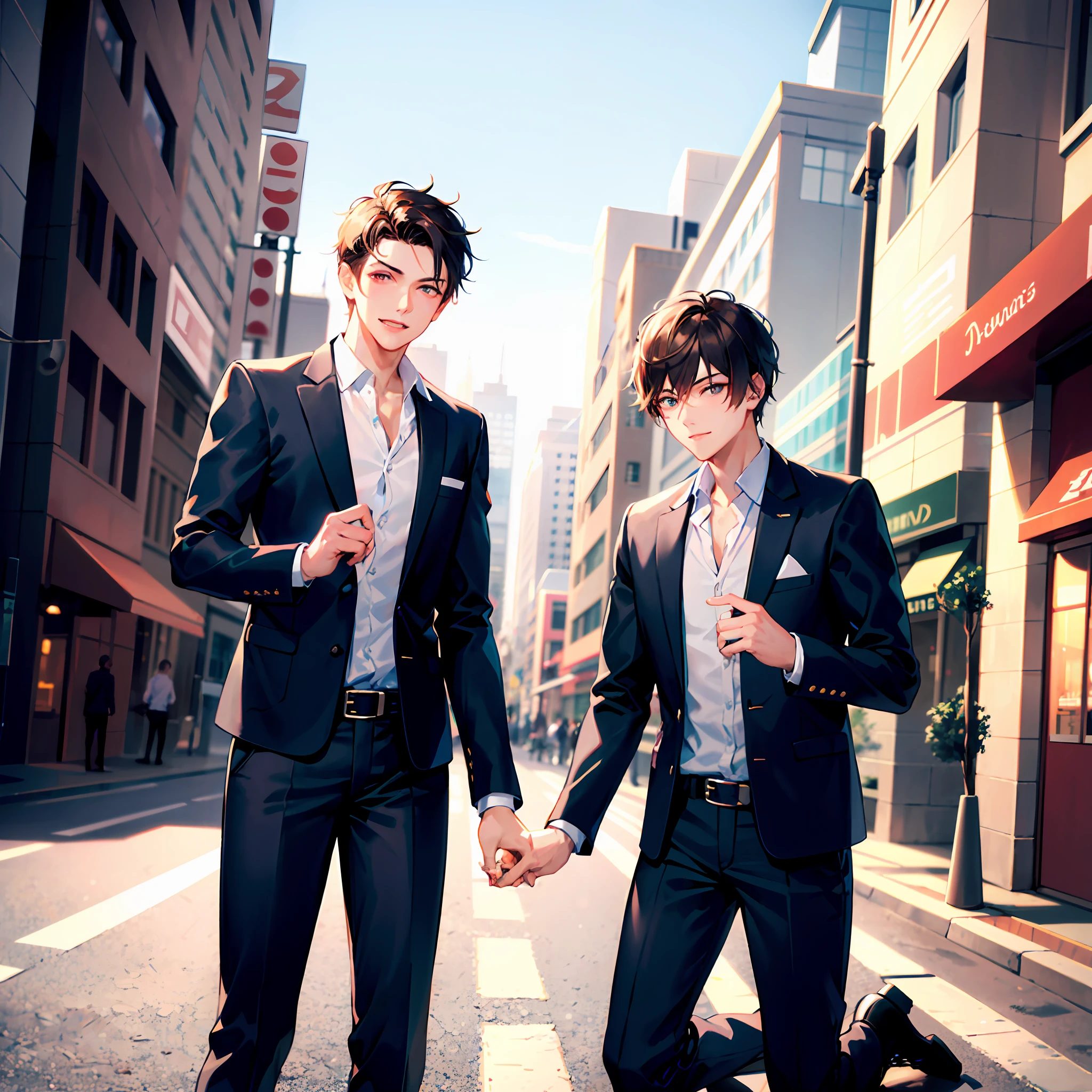 (Morning),1boys, (Young men:1.2),(One guy:1.2),Handsome,Wear a black jacket,(on one knee:1.2),diamond ring,propose,Diamond ring in hand,(独奏), orthofacial,Cowboy shooting,(downtown area),Cowboy shooting,brunette color hair