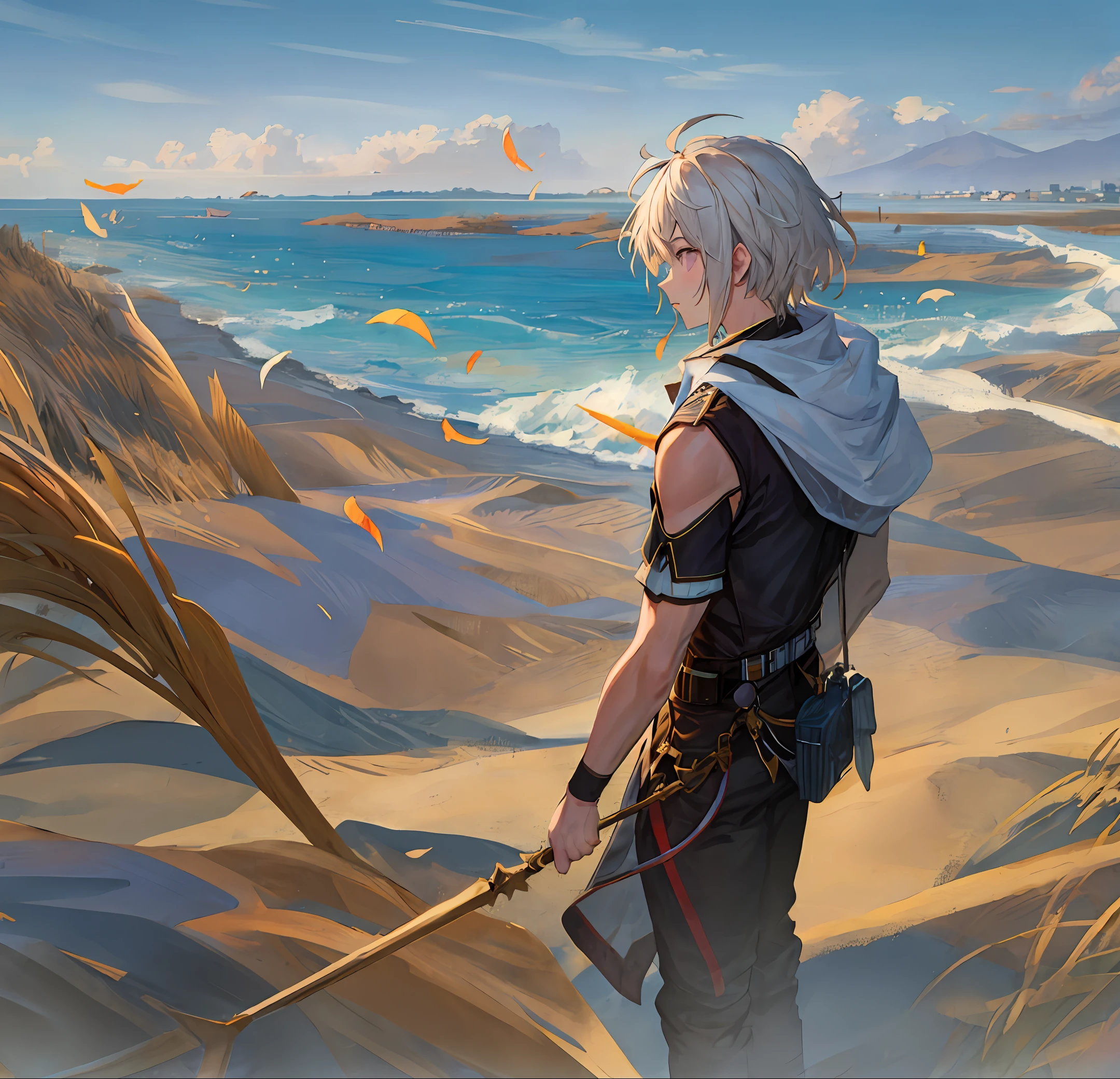 Boy on the beach at sunset looking sideways at anime in the distance