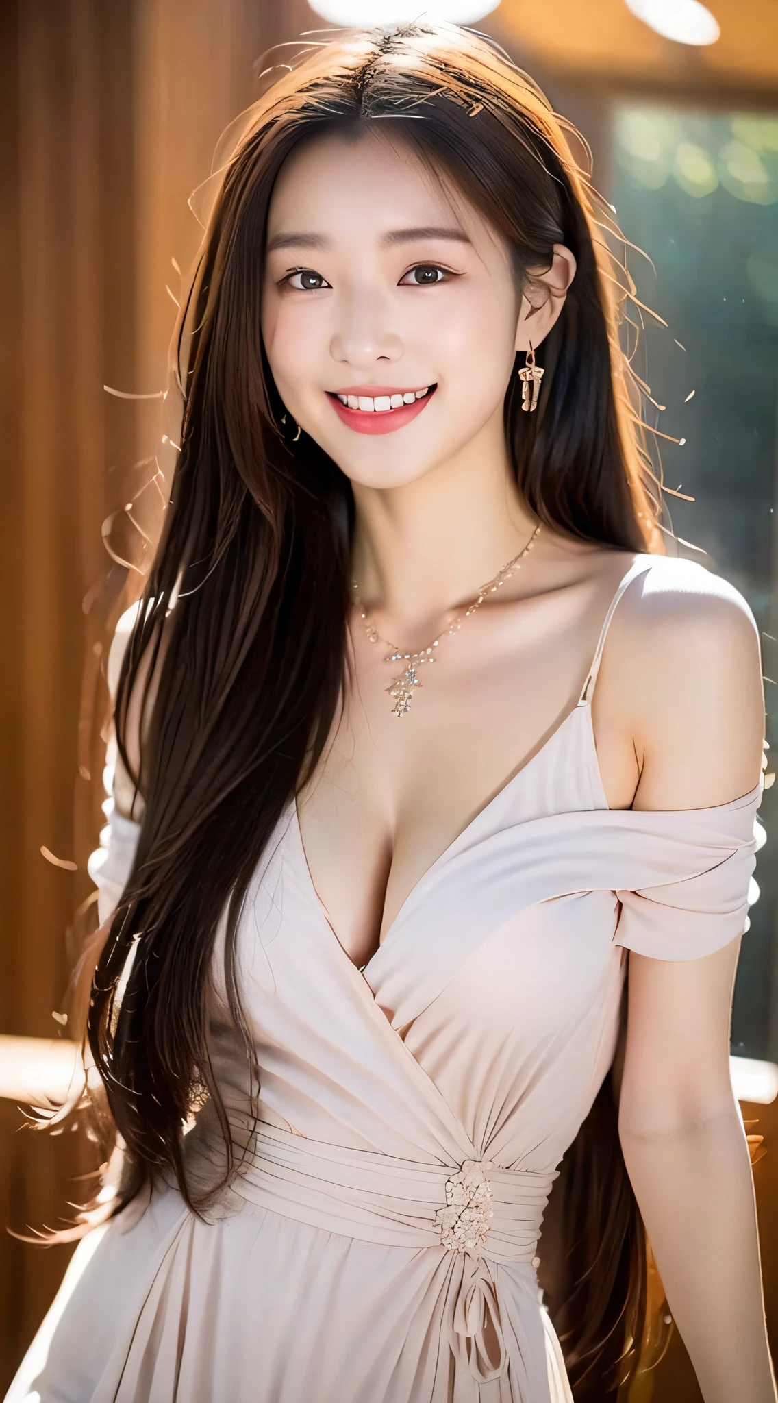top-quality。8K-Picture。超A high resolution。foco nítido。Long straight hair。perfect body and face。Crisp double eyelids。Colossal tits。thin waist。Slender beauty overall。8-headed body with long legs。Wearing a long dress with wide open chests。One hanger loop is detached and sexy。Necklace around the neck。Bracelet on arm。An inviting smile with heavy makeup。thick and chubby lips。amorous。