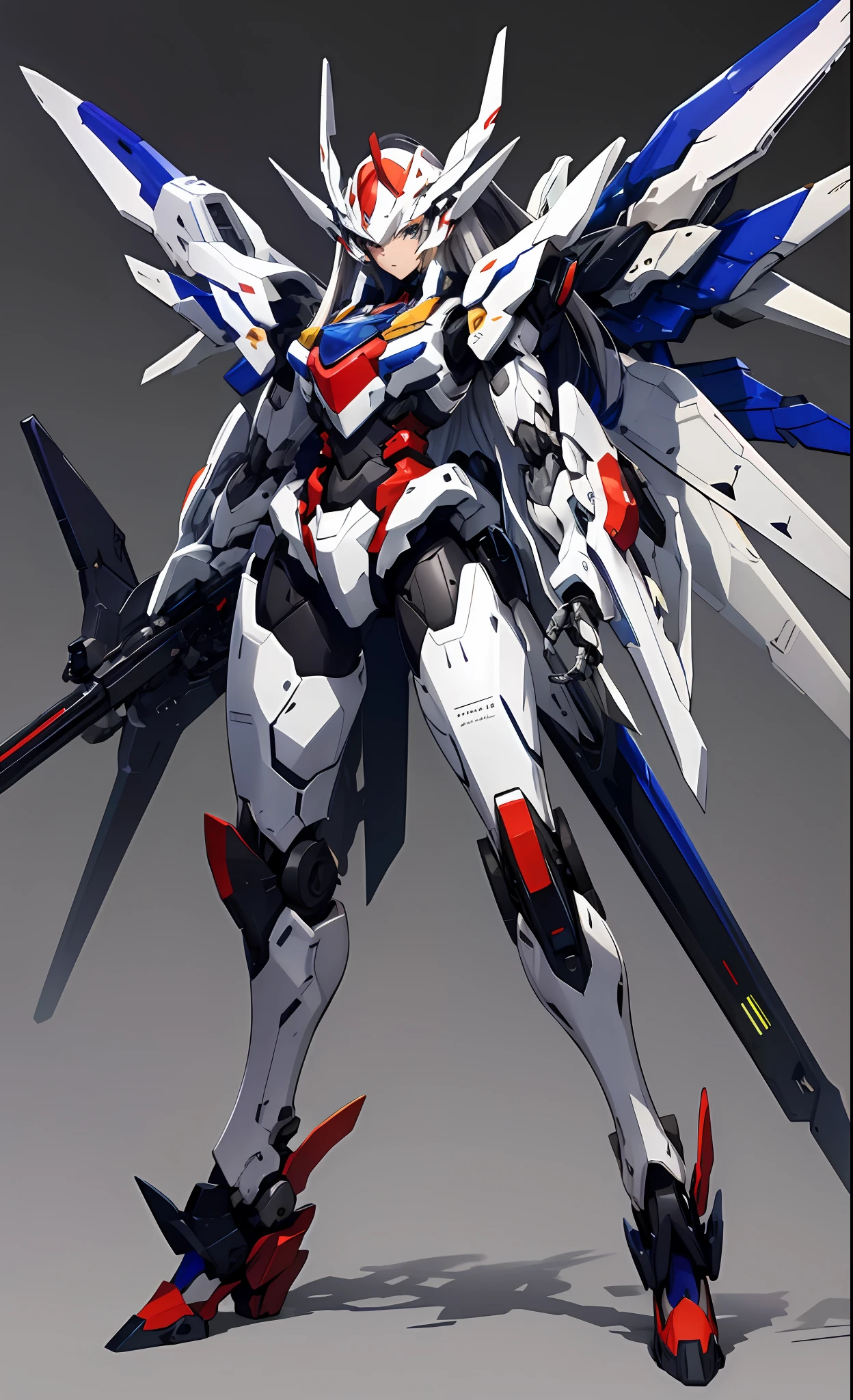 Anime,masterpiece,1girl, grey background, holding, long hair, looking at viewer, mecha, mecha musume, mechanical wings, , simple background, solo, weapon