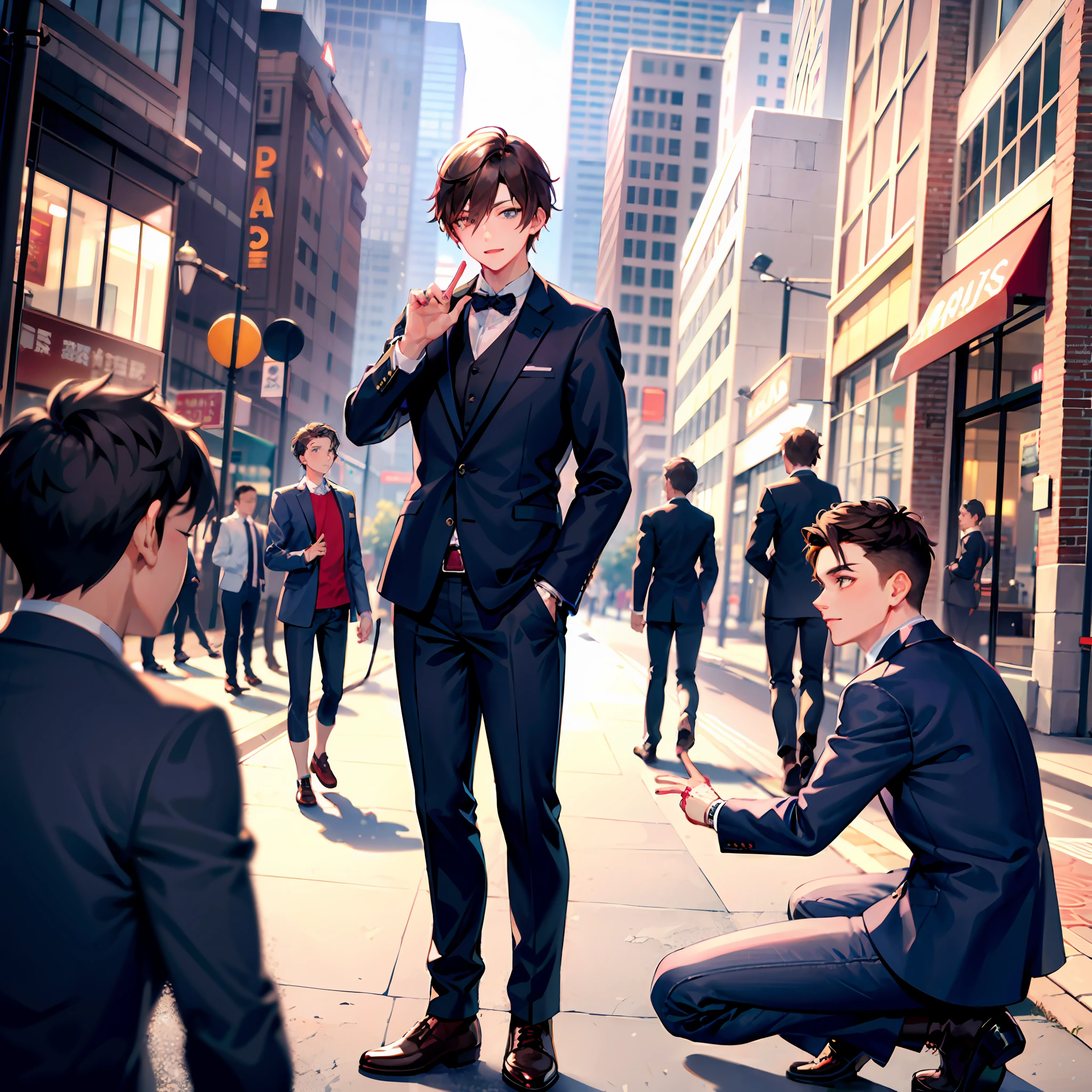 (Morning),1boys, (Young men:1.2),(One guy:1.2),Handsome,Wear a black jacket,(on one knee:1.2),diamond ring,propose,Diamond ring in hand,(独奏), looking at viewert,Cowboy shooting,(downtown area),Cowboy shooting,brunette color hair