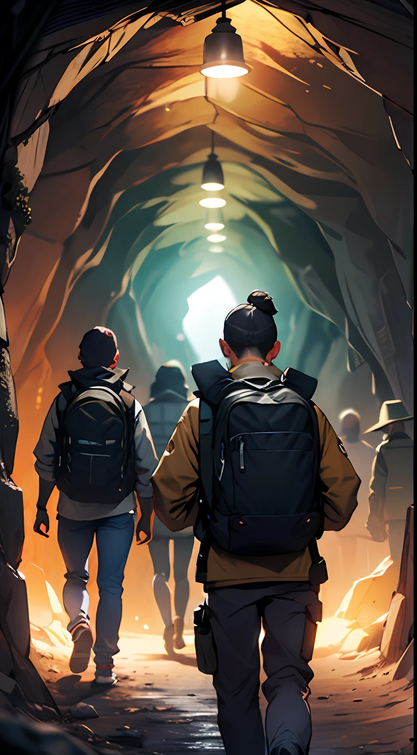 explore，Four people，inside a cave，Deep，mistic，shadowy，headlight，backpacks，Republican style