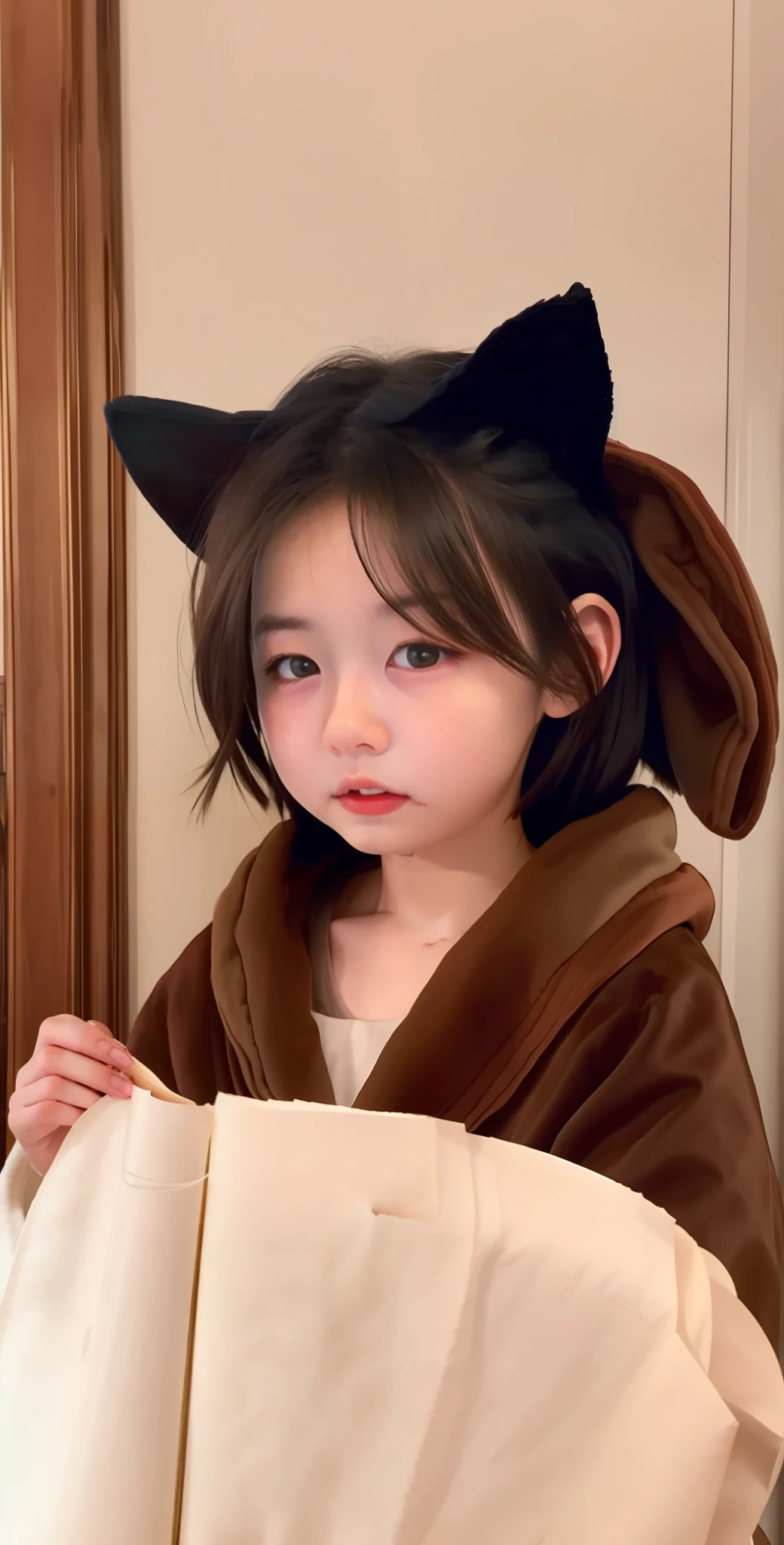 Brown-eared robes,a ,Red cheeks on the face,Reading a book