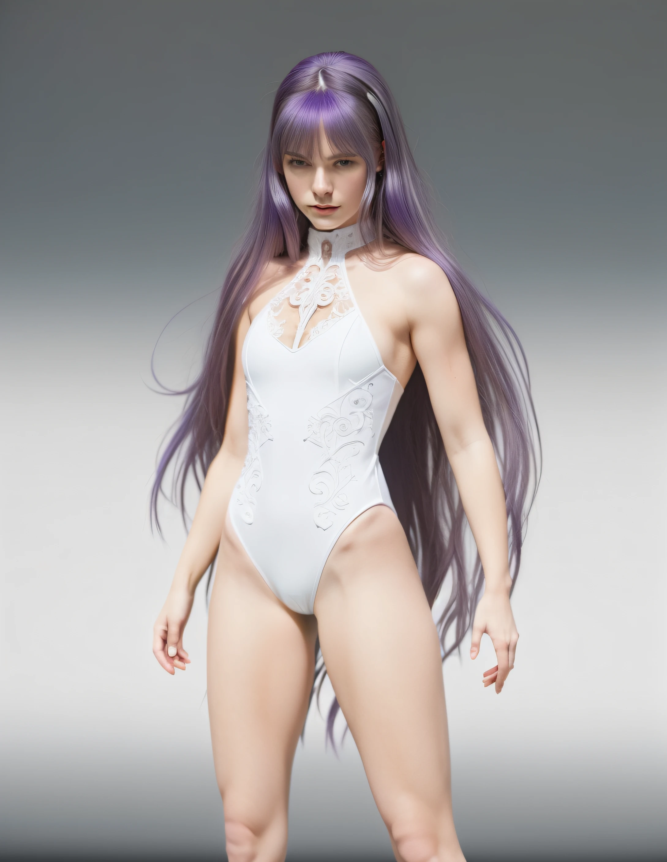 ((masterpiece, best quality)), Fit purple haired Caucasian woman, in white high cut leotard, in Sci-fi void, photo realistic, intricate details