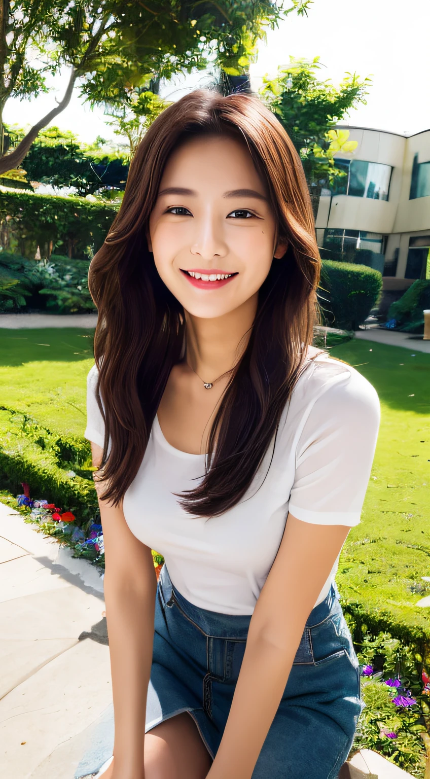 Smiled face、white  shirt、Navy blue miniskirt、flower garden
