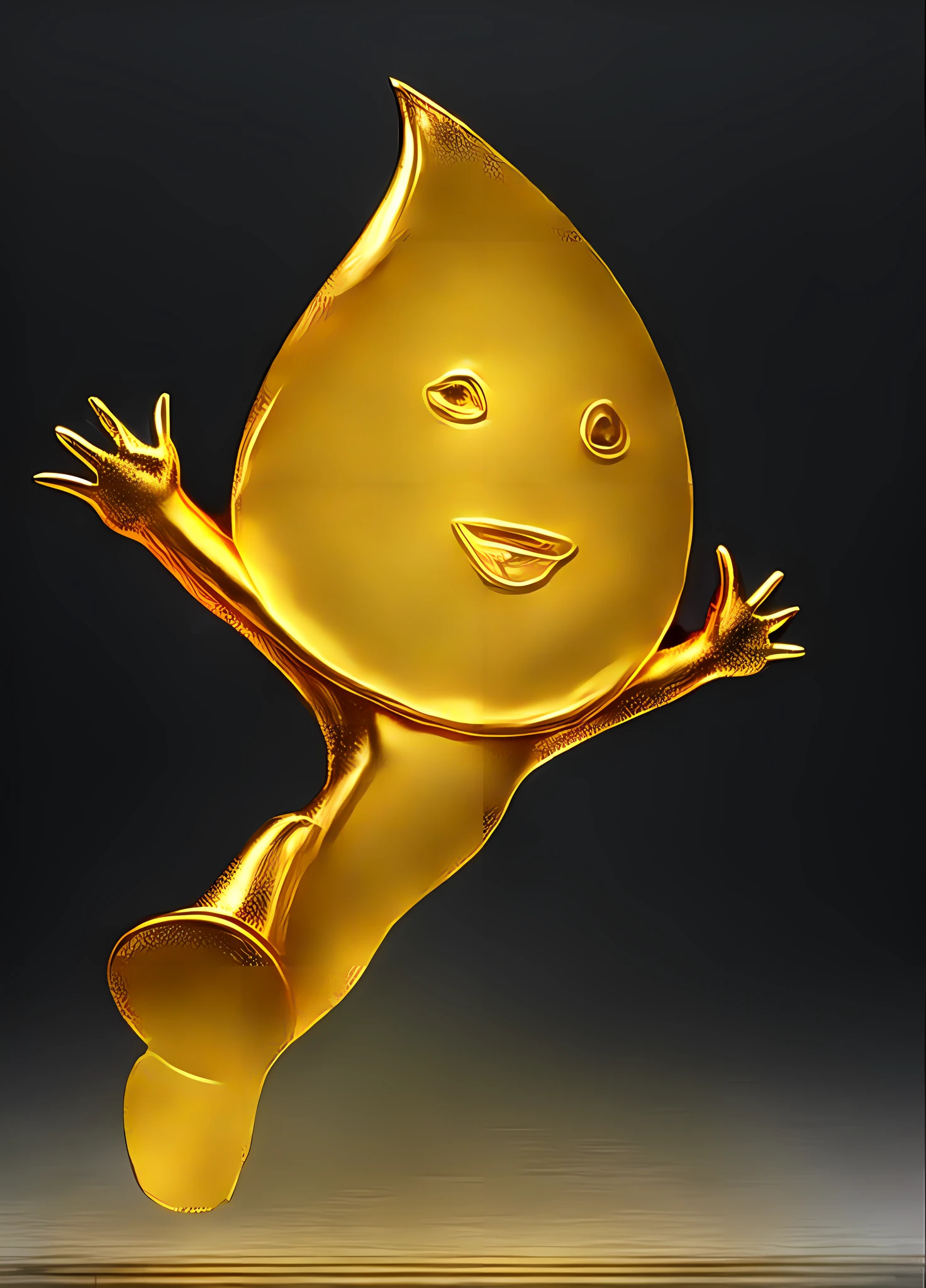 Alphad golden cartoon character jumping in the air with outstretched arms, character is covered in liquid, award winning cgi, award winning picture, elated gaunt onion head, award winning animation, sculpture made of gold, gold body, liquid gold, Metal Textures,Metallic color,golden colored,metalictexture,Metallic matte feel,gold,Goldy,3DMM