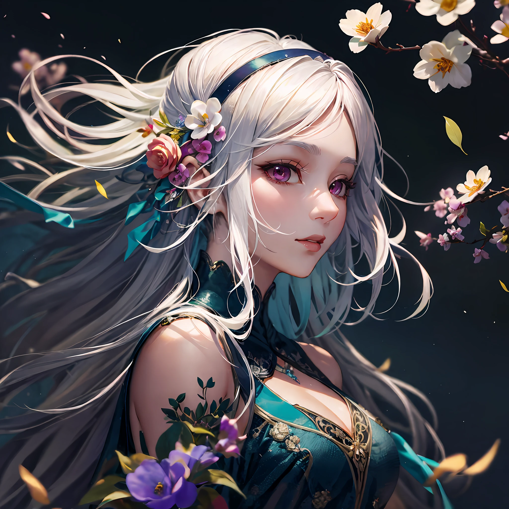 Gear 00D, Beautuful Women, Long hair, White hair, hairaccessories, Floating hair, flower, detail portrayal、masutepiece、ultra-detailliert、top-quality、