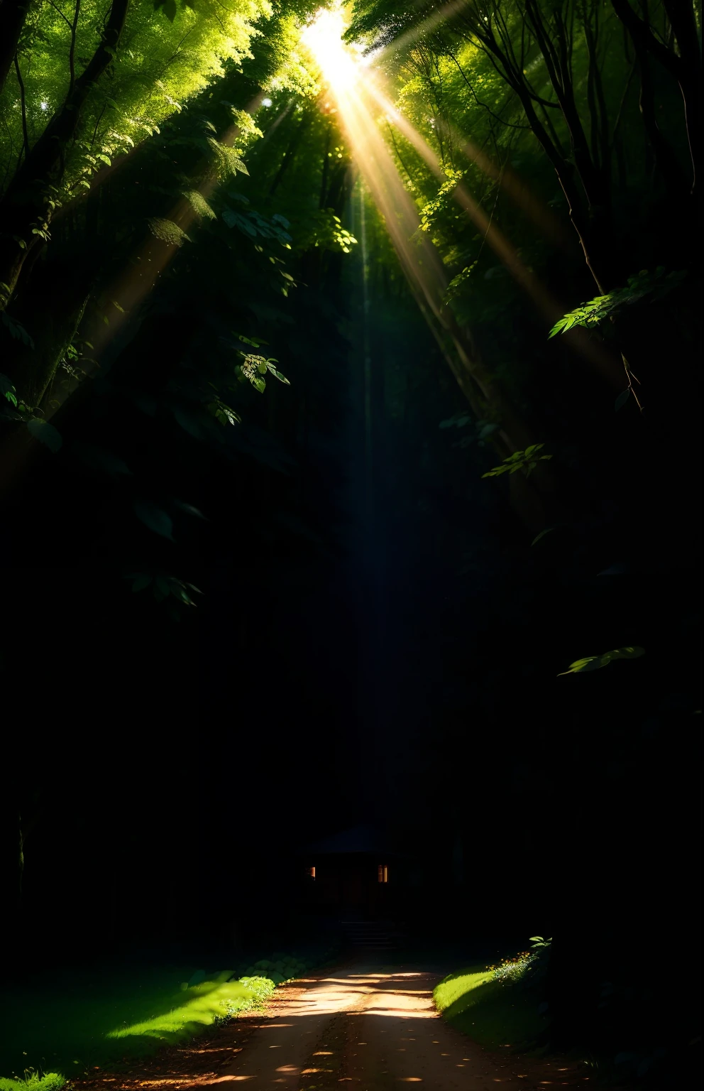 There is a modern villa in the middle of the woods,Surrounded by woods,There is sunlight shining on the ground through the leaves,真实感