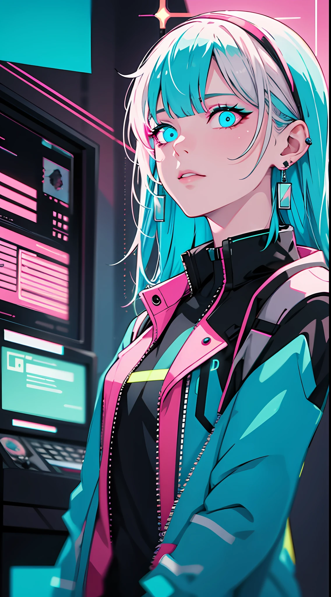 (masterpiece, best quality, night, silver hair:1.4), (cowboy shot:1.8), 8k, absurdres, beautiful girl, (wearable computer:1.6), cyberpunk, cyber goth, (cyberpunkoutfit, fluorescence pink accent, glowing pink lines on short jacket:1.4), neon, bracelets and choker, (glowing, glow, film grain, chromatic aberration:2), (asian shopping district, street, buildings, skyscraper:1.2), makeup, very small mechanical device, (cyan earrings:1.3), sharp focus, dark background, perspective, depth of field, (rain, fog, bleach bypass, HDR, facelight, sharp focus, dynamic lighting, cinematic lighting, professional shadow, extreme detailed, finely detail, real skin:0.8), (detailed eyes, sharp pupils, realistic pupils, dark back ground:0.6), (glitch effect:0.6)