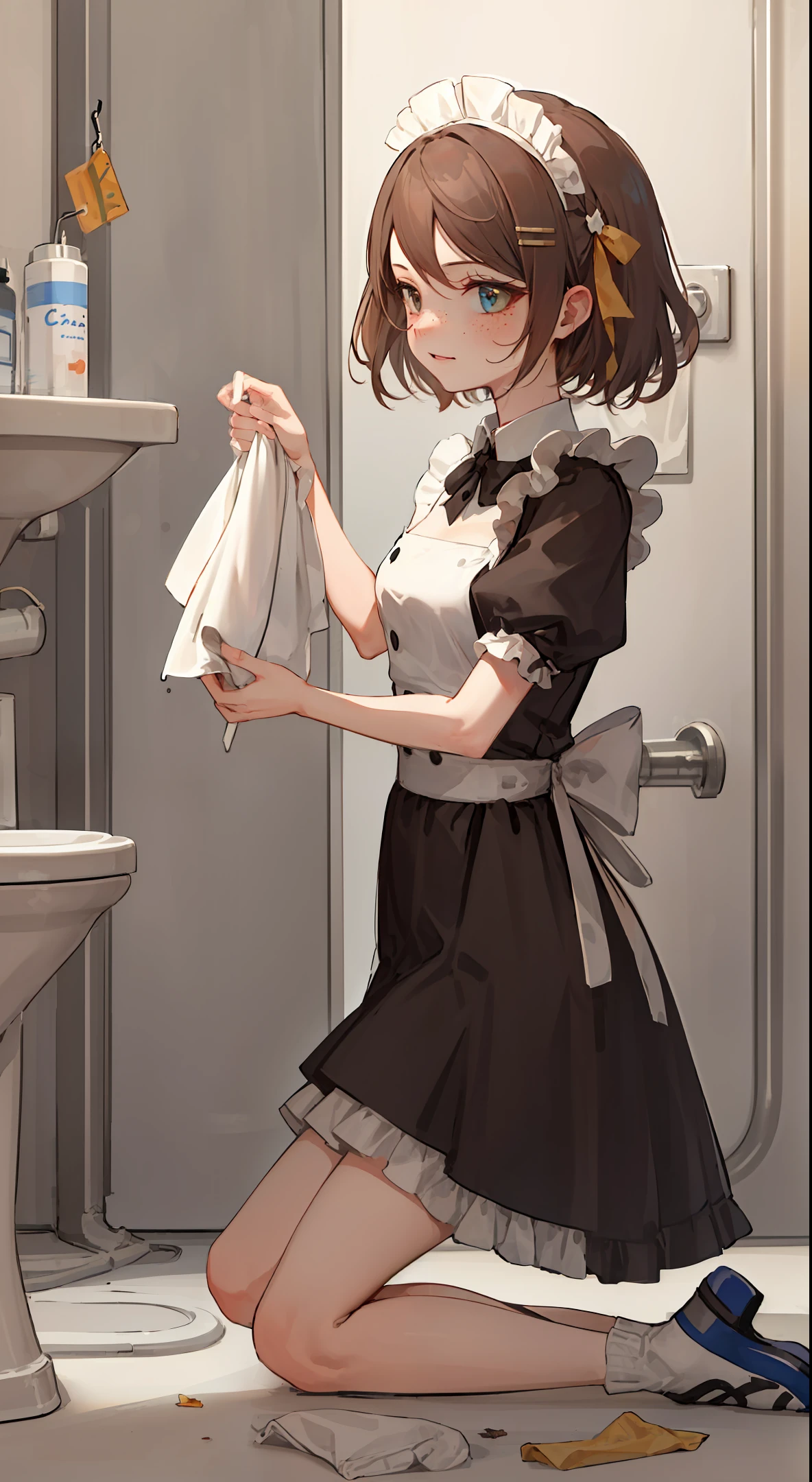 pee all over body, urine, whole body is wet, 1 girl, toilet, cleaning urinal, kneeling, dirty, pee, garbage,, masterpiece, best quality, very detailed, maid clothes, brown hair, freckles on face, white liquid all over body, yogurt all over body