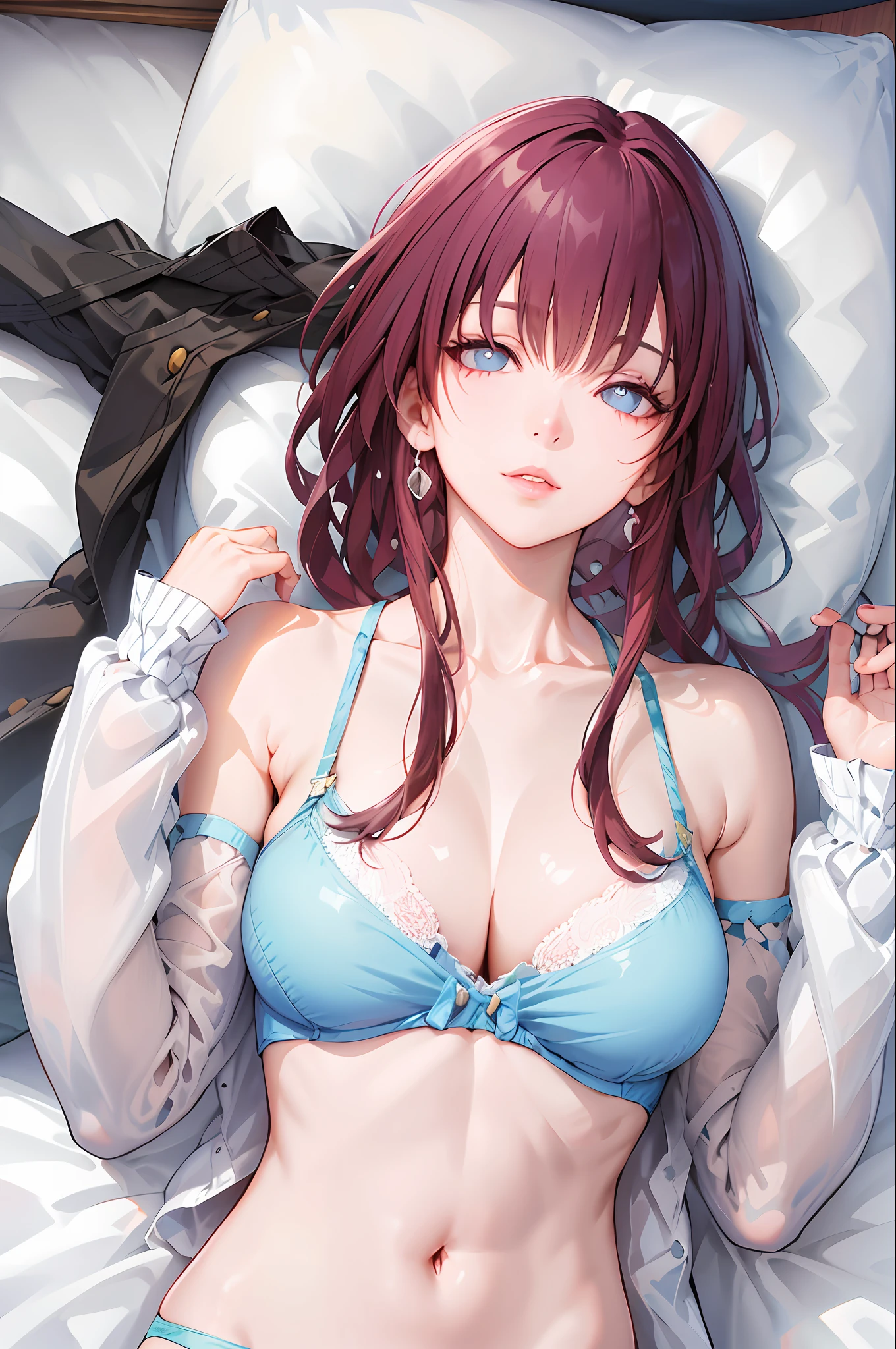 (8k, RAW photo, best quality, masterpiece:1.2), yjnn, 1girl, 3d, asian, bangs, bare_shoulders, bow, bra, breasts, brown_eyes, brown_hair, cleavage, grey_background, lips, long_hair, long_sleeves, looking_at_viewer, medium_breasts, navel, nose, off_shoulder, open_clothes, open_shirt, panties, realistic, shirt, solo, stomach, underwear, undressing, upper_body, white_bra, white_panties, white_shirt,Shiny skin, beautiful delicate face, beautiful delicate eyes ,(realistic, photo realistic:1),Lie down on the bed