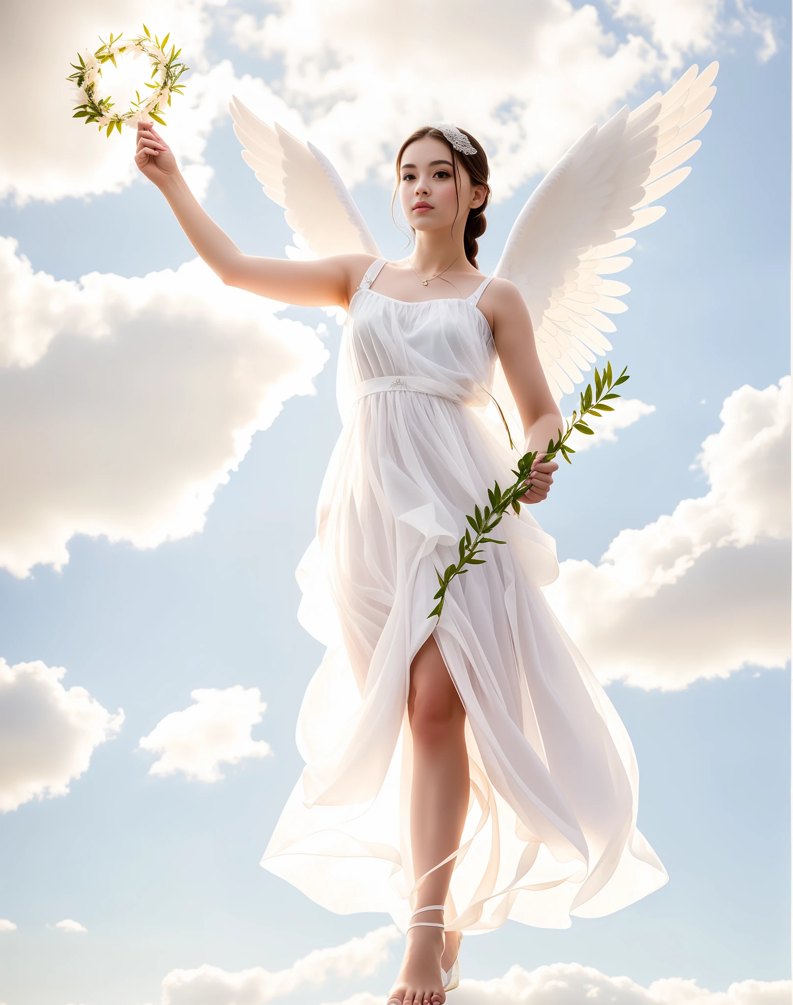 European beautiful girl，Tall and tall，Tall wings，beautiful feathers，A light white tulle dress for the perfect figure，（（Snow-white tulle dress）），Barefoot，The characters are bright and natural，Beautiful figure，beautiful angel, tall female angel，
