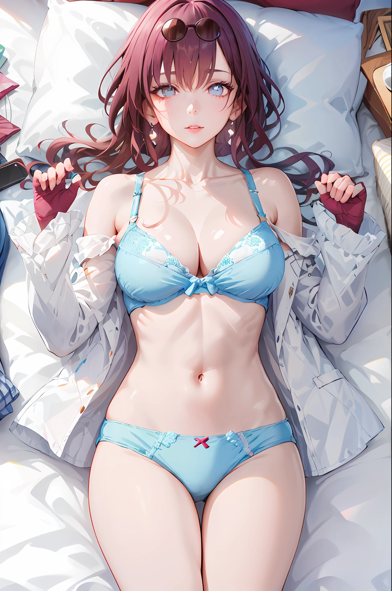 (8k, RAW photo, best quality, masterpiece:1.2), yjnn, 1girl, 3d, asian, bangs, bare_shoulders, bow, bra, breasts, brown_eyes, brown_hair, cleavage, grey_background, lips, long_hair, long_sleeves, looking_at_viewer, medium_breasts, navel, nose, off_shoulder, open_clothes, open_shirt, panties, realistic, shirt, solo, stomach, underwear, undressing, upper_body, white_bra, white_panties, white_shirt,Shiny skin, beautiful delicate face, beautiful delicate eyes ,(realistic, photo realistic:1),Lie down on the bed
