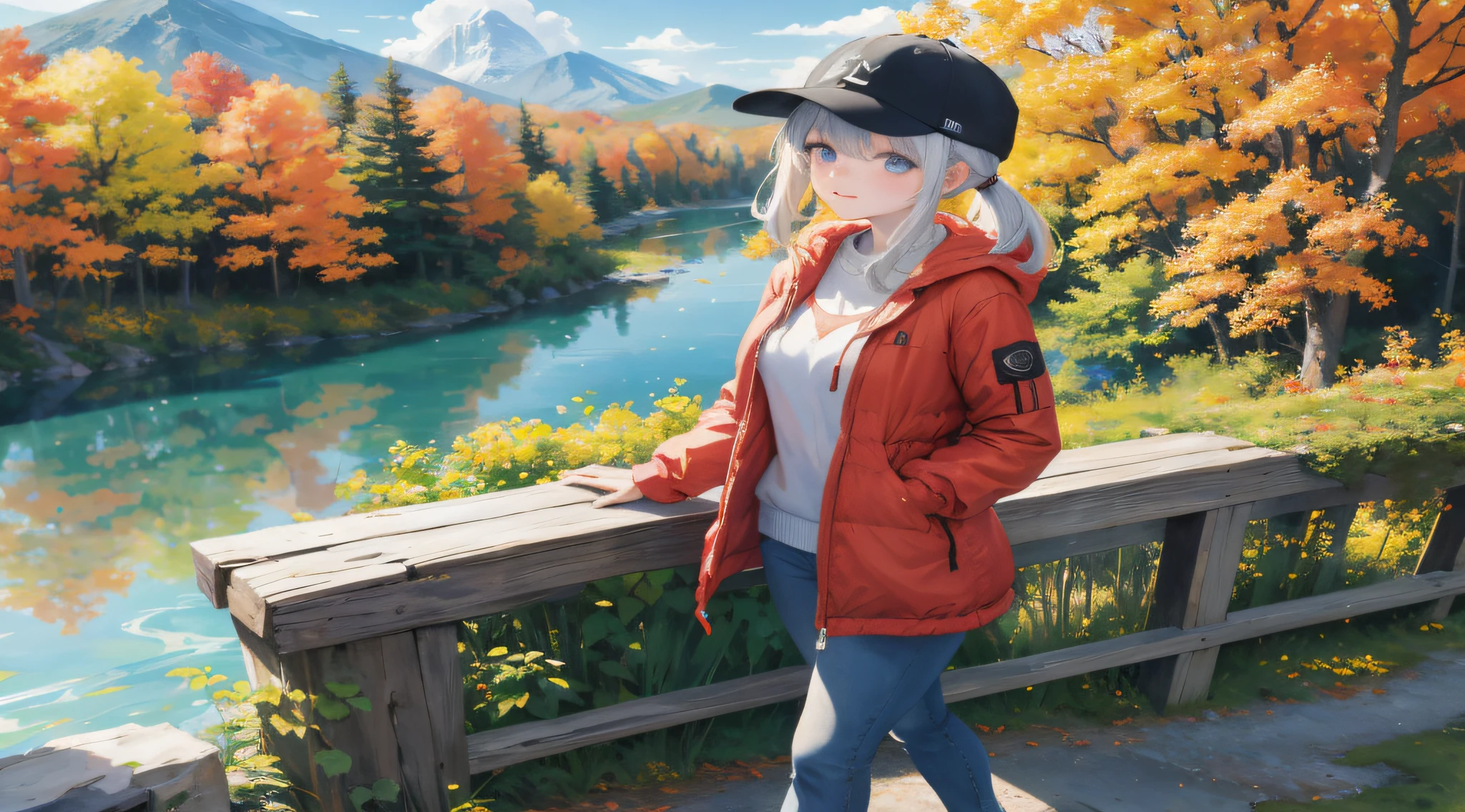 Anime girl in red jacket standing on wooden bridge overlooking river, Anime style. 8K, Realistic anime 3 D style, style of anime4 K, realistic anime artstyle, High Quality Anime Art Style, realistic art style, anime nature wallpap, anime realism style, anime styled 3d, 🍂 Cute, Anime Nature, 🍁 Cute, Realistic anime art style