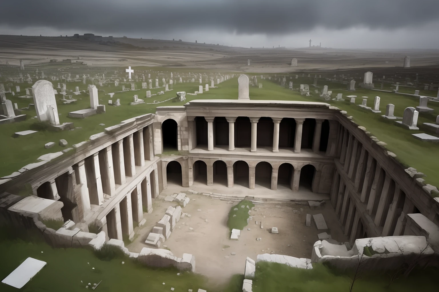 aerial shot, old scripture painting of a large spooky crypt in the middle of a gloomy rotting roman city surrounded by graves on a hill