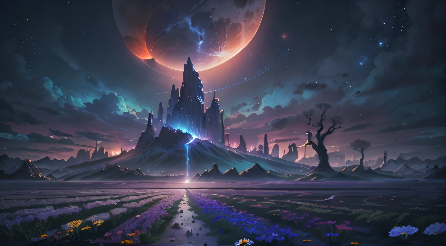 (Absurdo, cinemactic, UHD, mais alto, Ultra Detalhado, Ultra Detalhado), (Veja abaixo.), Above is the sky, Below is an open field), um campo de flores olhando para cima, (Lua Cheia: 1.2), (Meteoro: 0.9), (Nebulosa: 1.3), montanha distante, tree BREAK making art, (Fonte de luz quente: 1.2), (Vagalume: 1.2), luzes, Muito roxo e laranja, detalhe complicado, Volume Lighting, Realismo BREAK (Obra-prima: 1.2),  (melhor qualidade), Ultra-detalhado, (dynamic compositing: 1.4), RAWExtremely detalhado, Detalhes coloridos, (rainbow colors: 1.2), (bright illumination, Atmospheric Illumination), Dreamlike, Magical, (Solo: 1.2), 4k