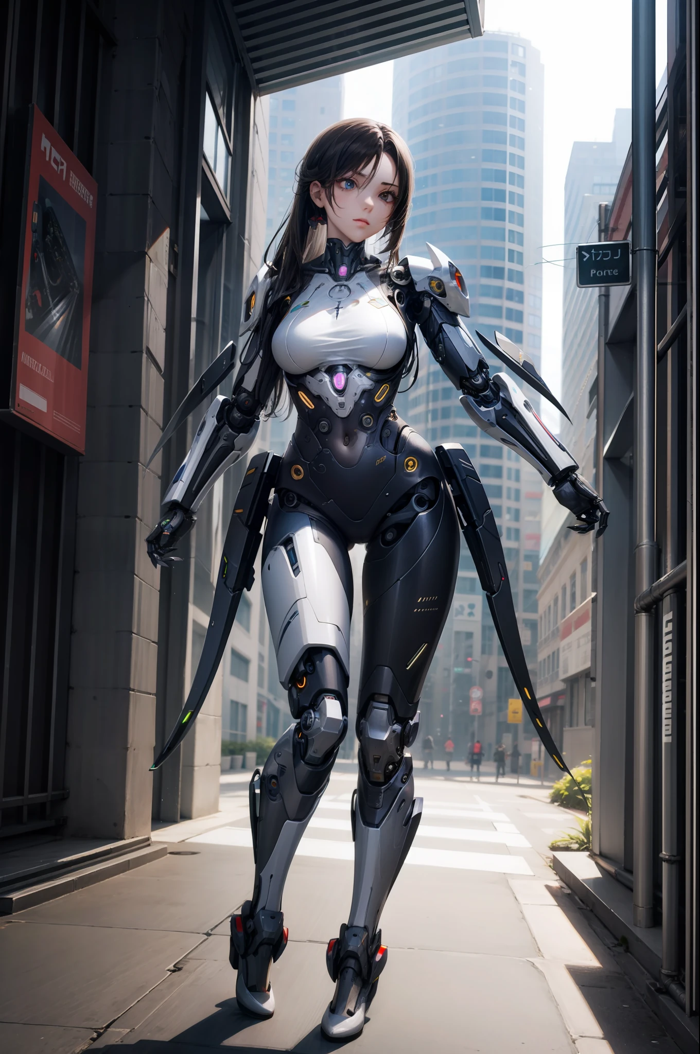 ray tracing, masterpiece, best quality, 1girl, mechanical arms, cyborg, cyberpunk,