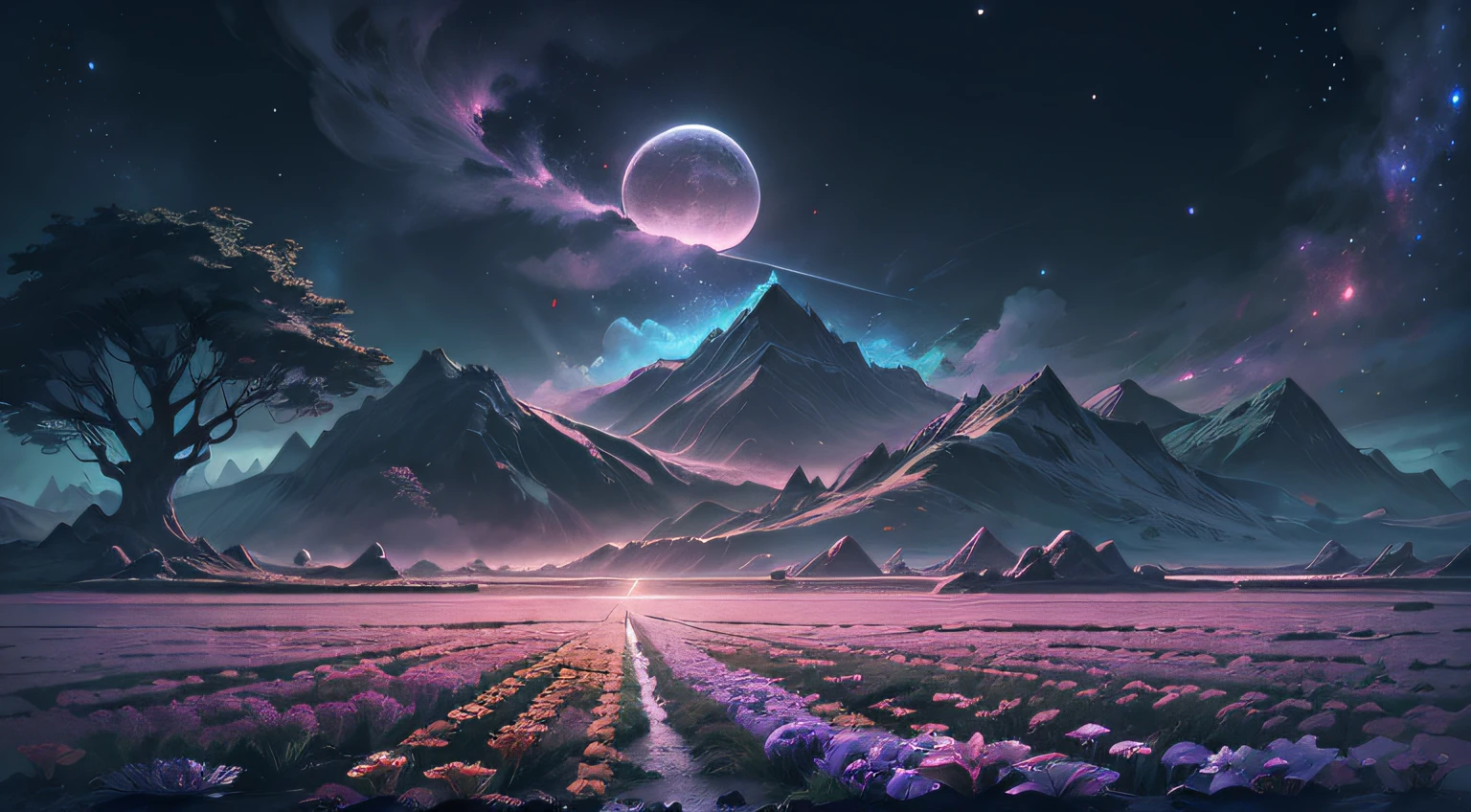 (Absurdo, cinemactic, UHD, mais alto, Ultra Detalhado, Ultra Detalhado), (Veja abaixo.), Above is the sky, Below is an open field), um campo de flores olhando para cima, (Lua Cheia: 1.2), (Meteoro: 0.9), (Nebulosa: 1.3), montanha distante, tree BREAK making art, (Fonte de luz quente: 1.2), (Vagalume: 1.2), luzes, Muito roxo e laranja, detalhe complicado, Volume Lighting, Realismo BREAK (Obra-prima: 1.2), (melhor qualidade), Ultra-detalhado, (dynamic compositing: 1.4), RAWExtremely detalhado, Detalhes coloridos, (rainbow colors: 1.2), (bright illumination, Atmospheric Illumination), Dreamlike, Magical, (Solo: 1.2), 4k