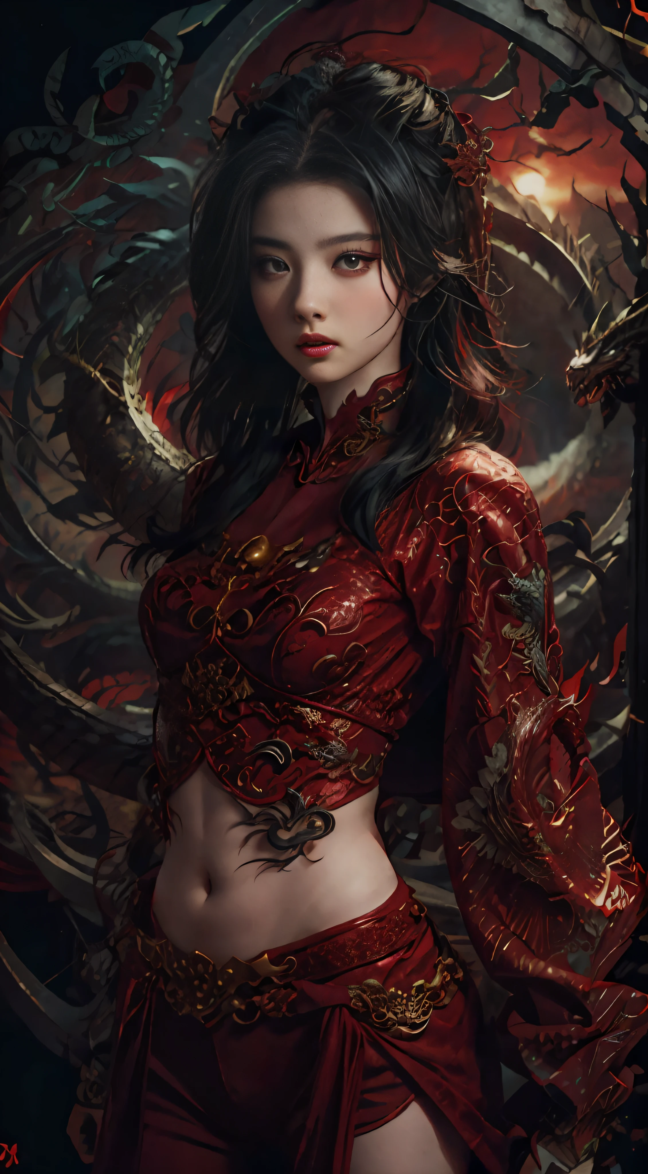 Dragon tattoo woman in red clothes