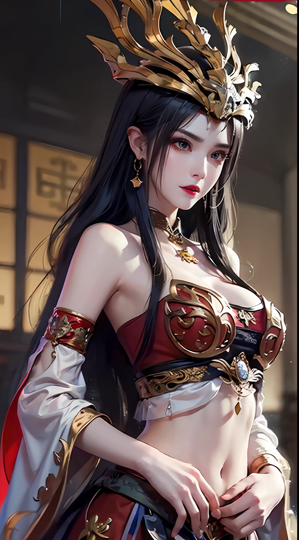 1 very beautiful medusha queen in hanfu, thin red silk shirt with many yellow motifs, black lace top, crown on her head, long hair dyed black, beautiful hair jewelry, pretty and cute face, perfect face, earring jewelry, antique jewelry, big red eyes, sharp eye makeup, meticulous eyelash makeup, thin eyebrows, high nose, pretty red lips, no smile, pursed lips, rosy cheeks, large breasts, big breasts, well-proportioned breasts, slim waist, red mesh stockings with black border, Chinese hanfu style, fictional art patterns, vivid and realistic colors, RAW photos, actual photos, ultra high quality 8k surreal photo, cool photo, (virtual light effect: 1.8), 10x pixel, effect magic (background): 1.8), super detailed eyes, beautiful girl portrait, alone girl, ancient hanfu background, looking directly at the audience, wide original photo, 8k quality, super sharp, the most detailed and clear picture, detailed light background,